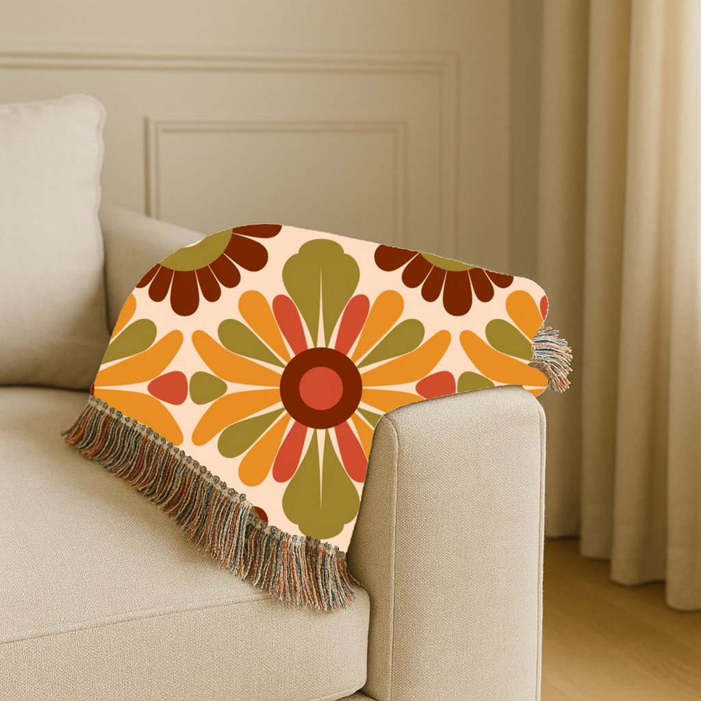 🌼 🌻  Harvest Medallion Throw — 1970s Folk Floral Woven Blanket