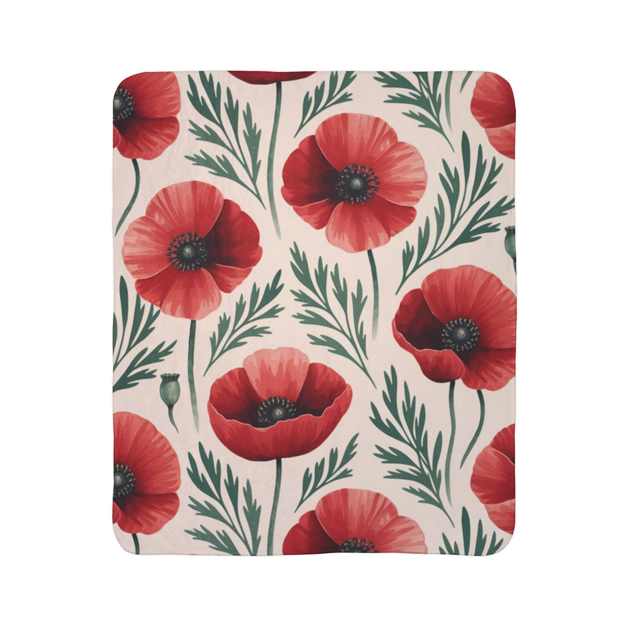 Poppy Floral Sherpa Blanket — Cozy Fleece Throw with Red Poppy Pattern