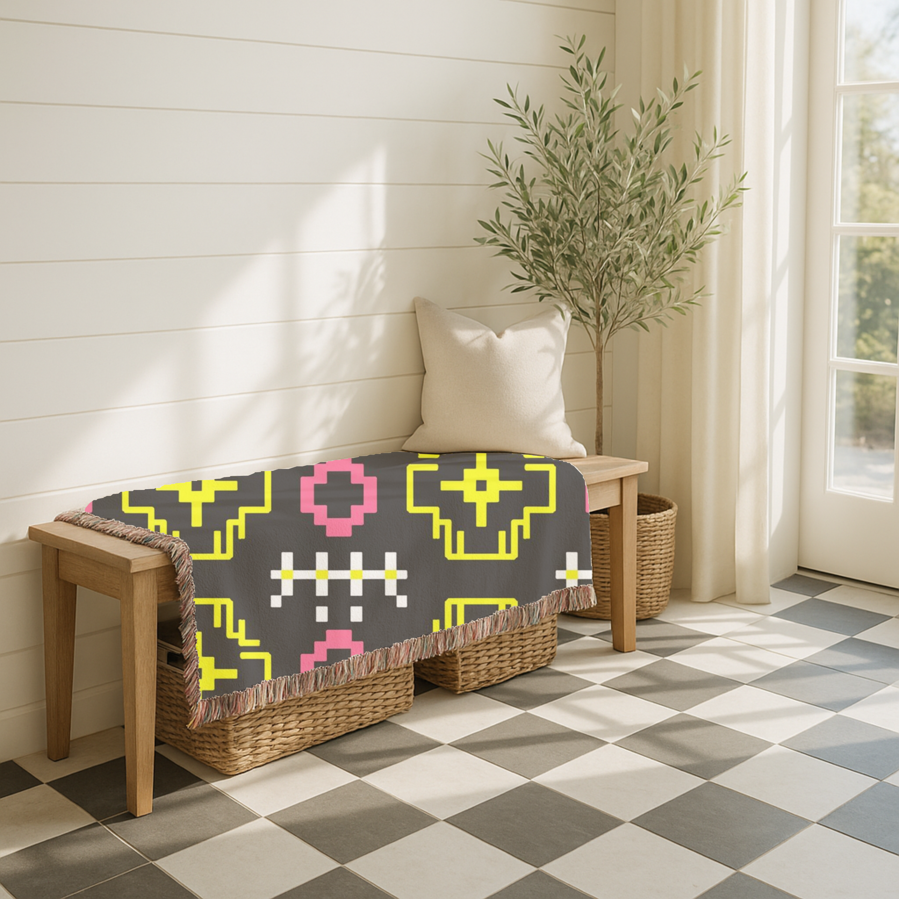 Pixel Bloom Throw — 1980s Arcade Neon Woven Blanket