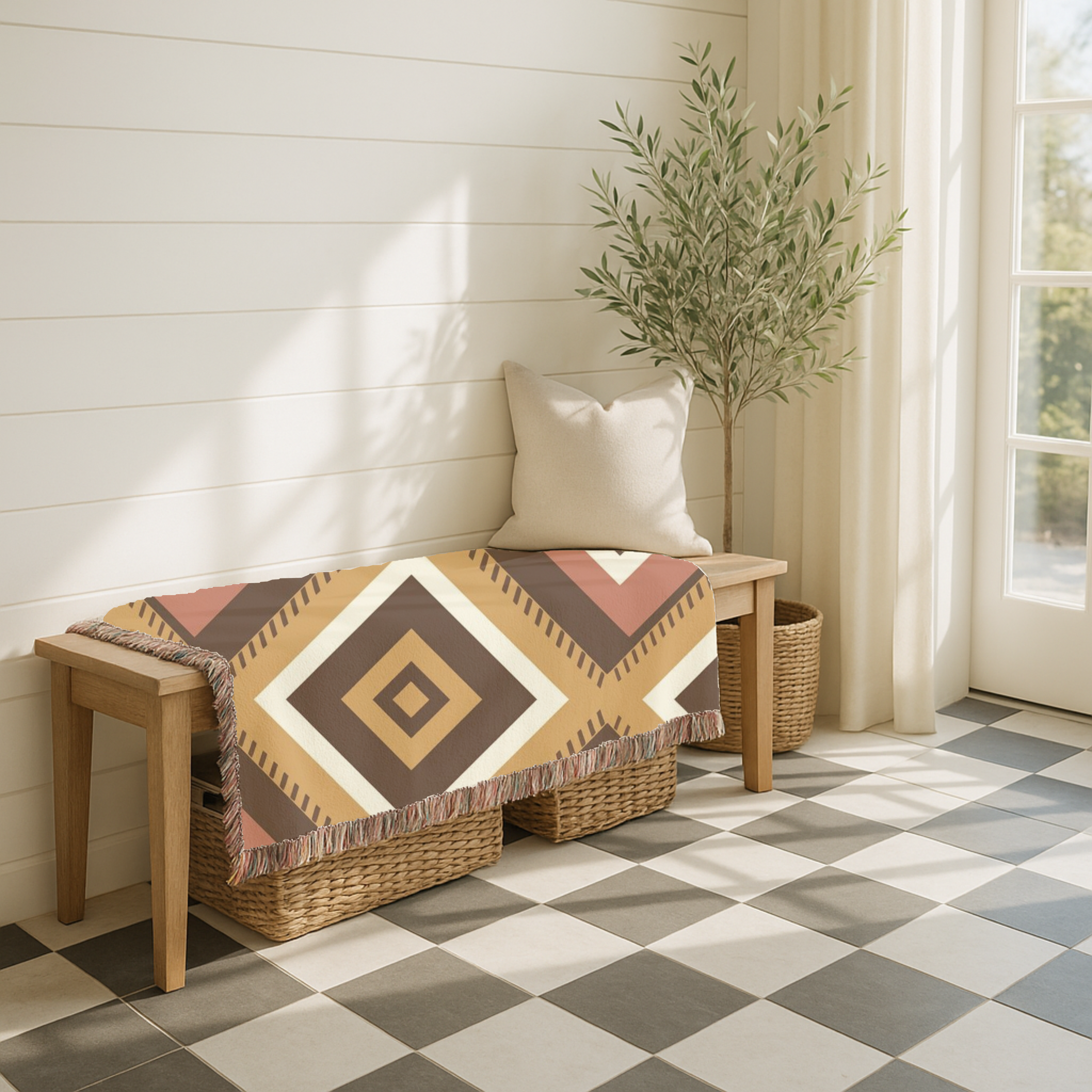 Kilim Star Throw — 1970s Aztec Geometric Woven Blanket
