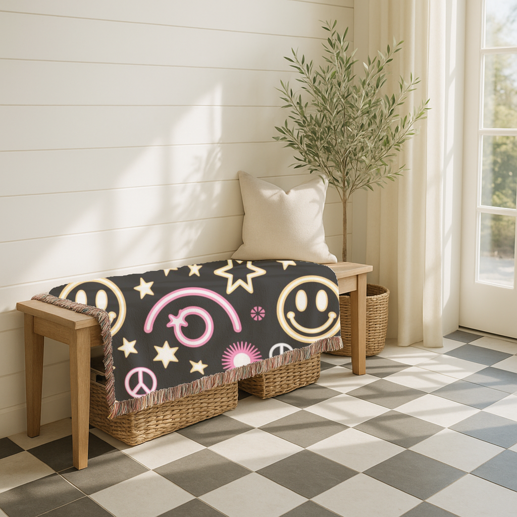 Happy Daze Throw — 1990s Smiley Face & Peace Woven Blanket