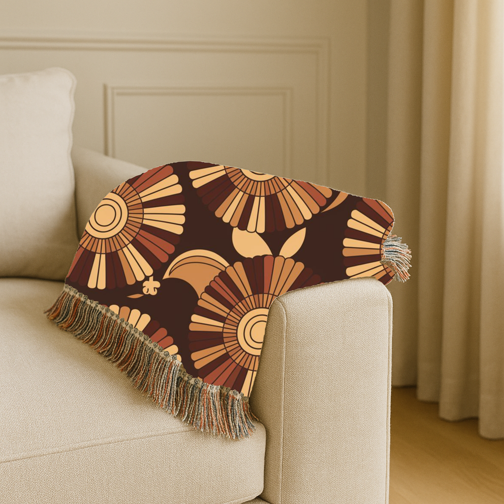 🌻  Tawny Bloom Throw — 1970s Art Nouveau Woven Blanket