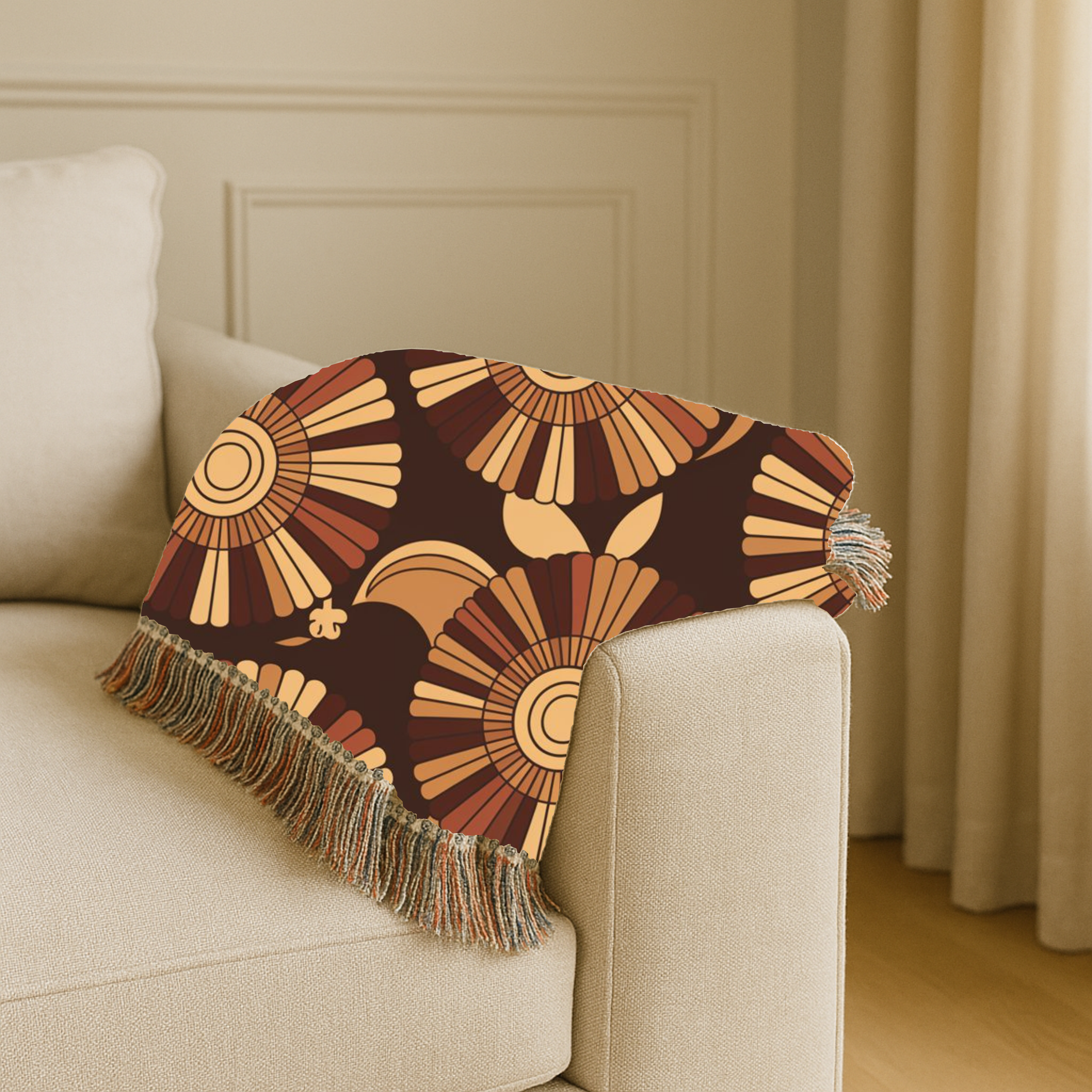 🌻  Tawny Bloom Throw — 1970s Art Nouveau Woven Blanket
