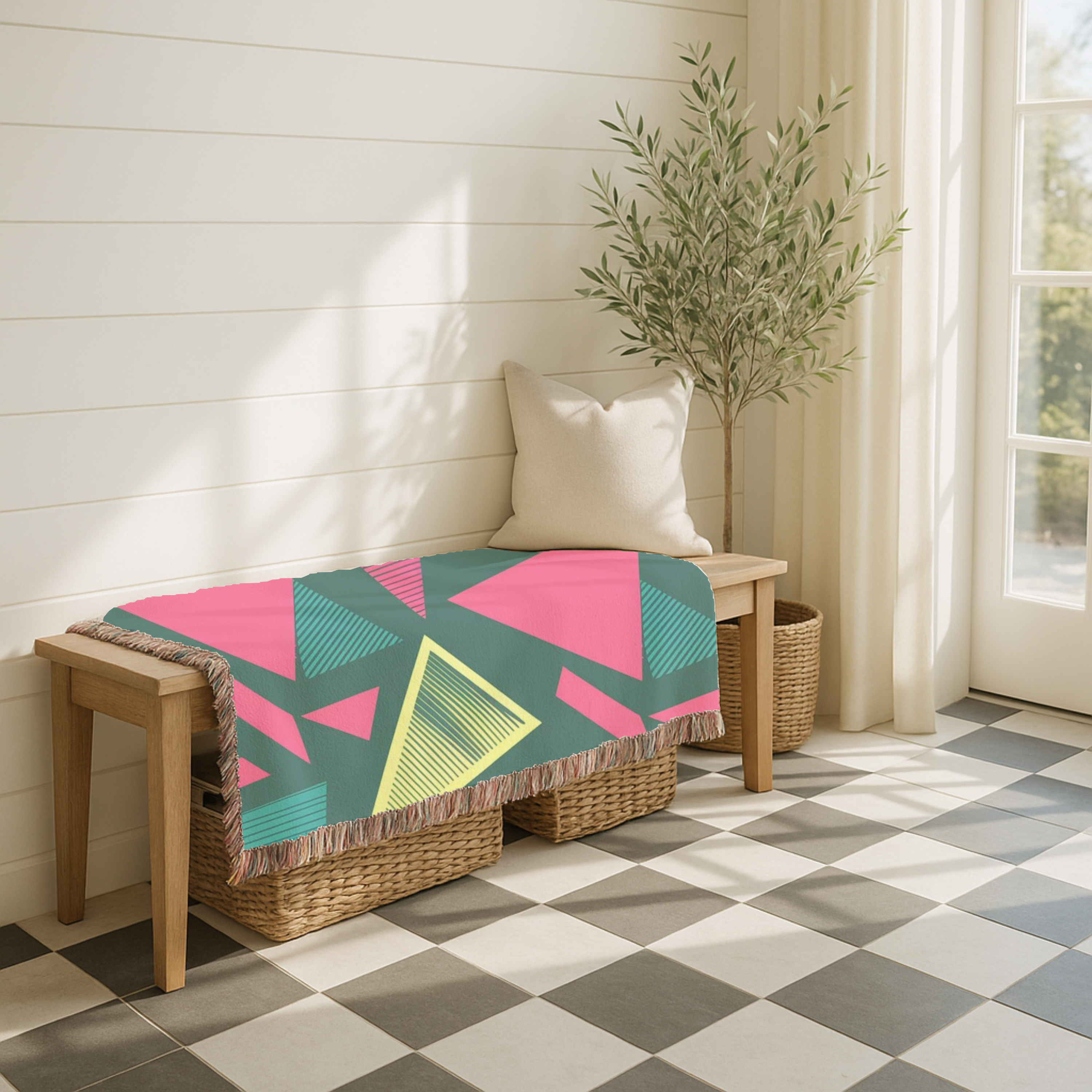 Neon Triangle Throw — 1980s Memphis Geometric Woven Blanket