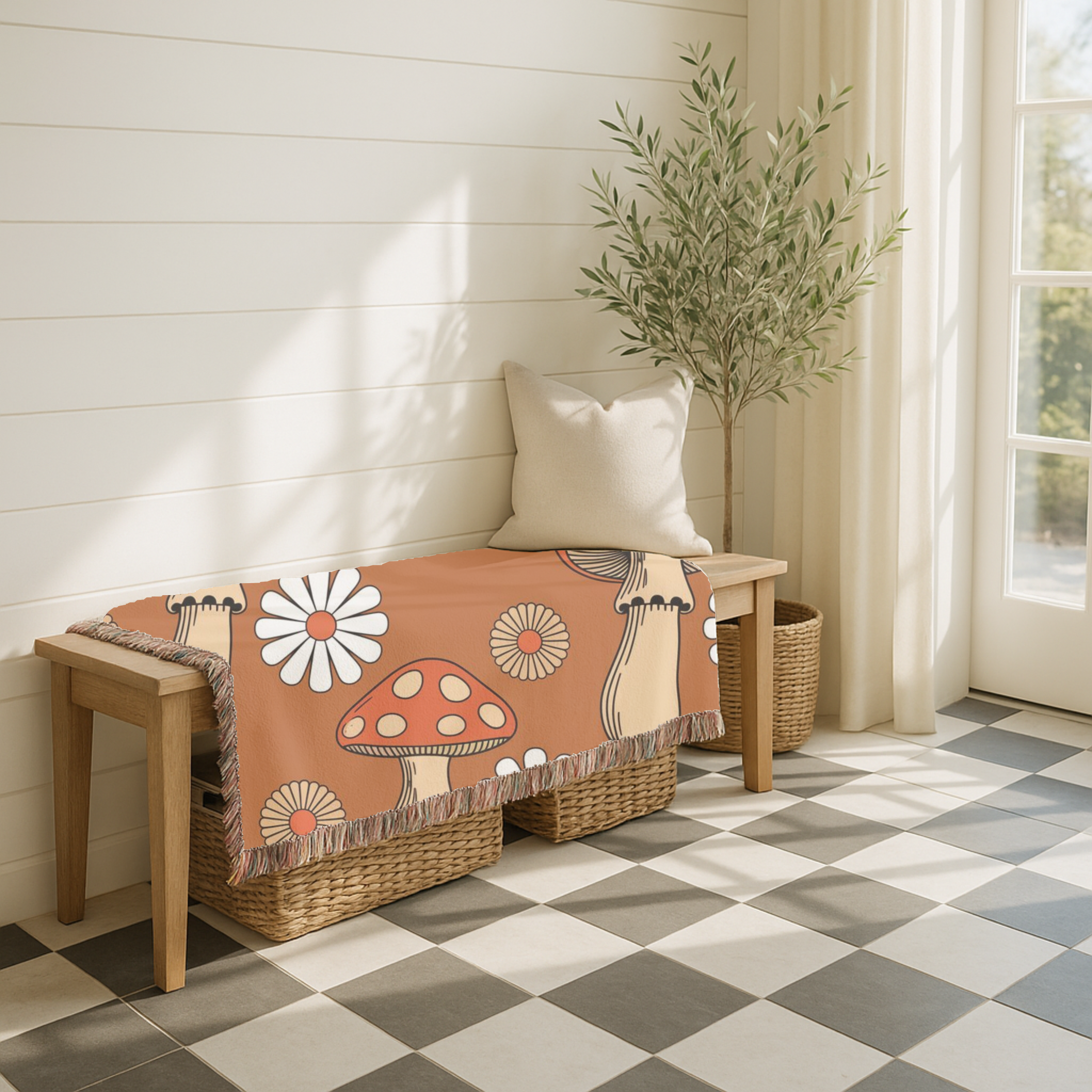 Groovy Mushroom Throw — 1970s Toadstool Daisy Woven Blanket