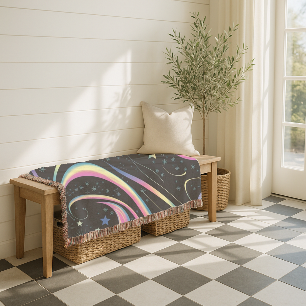 Stardust Throw — 2000s Y2K Rainbow Star Swirl Woven Blanket