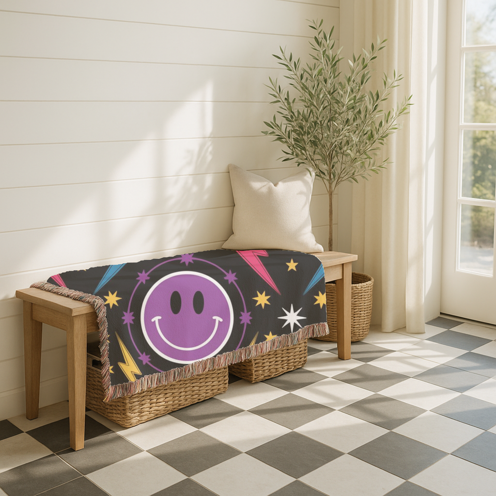 Bolts & Smiles Throw — 1990s Smiley & Lightning Woven Blanket