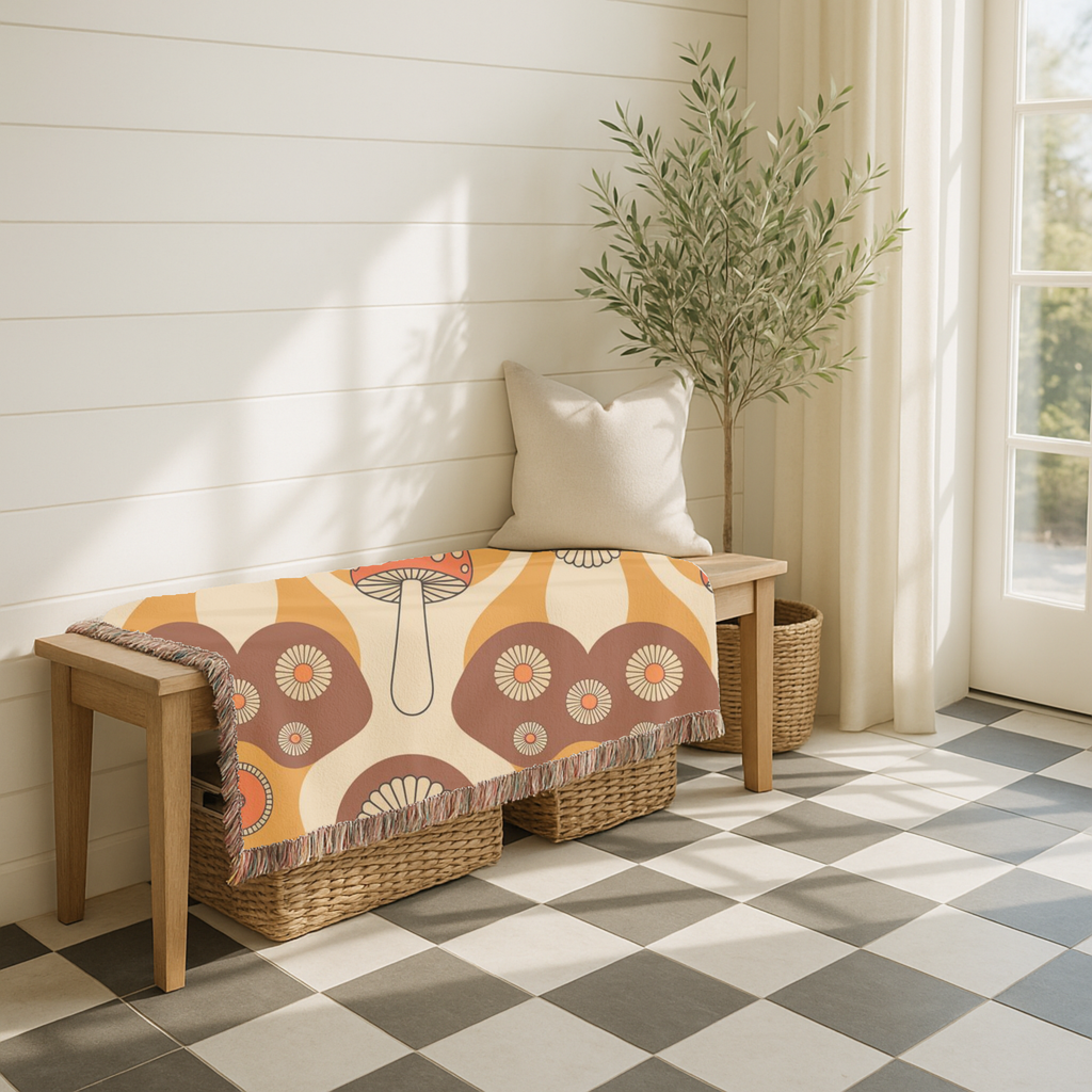 Mushroom Garden Throw — 1970s Retro Fungi Woven Blanket