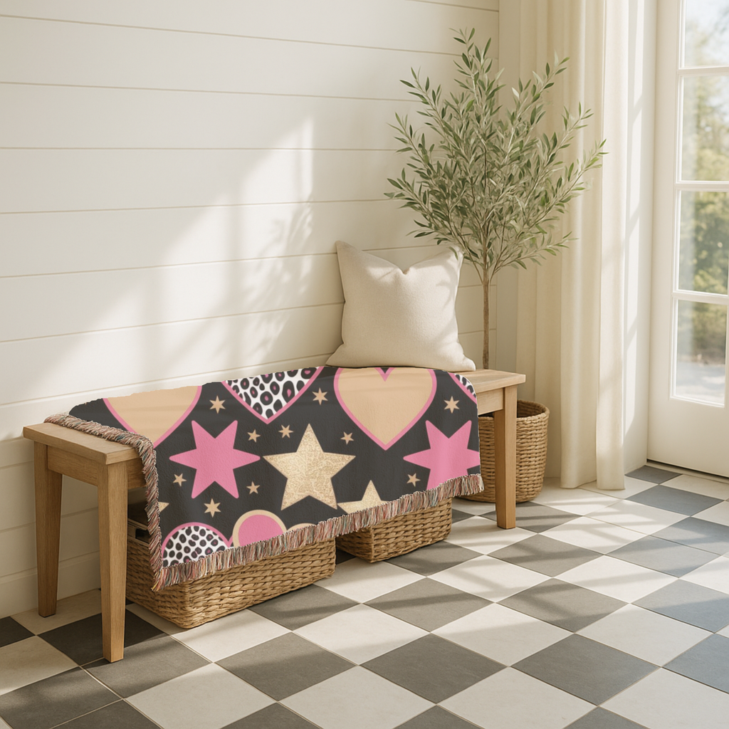 Girl Power Throw — 1990s Leopard Heart & Star Woven Blanket