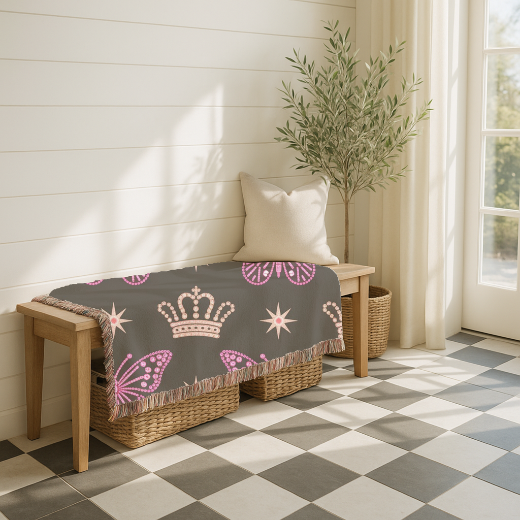 Crown & Wings Throw — 2000s Y2K Butterfly Crown Woven Blanket