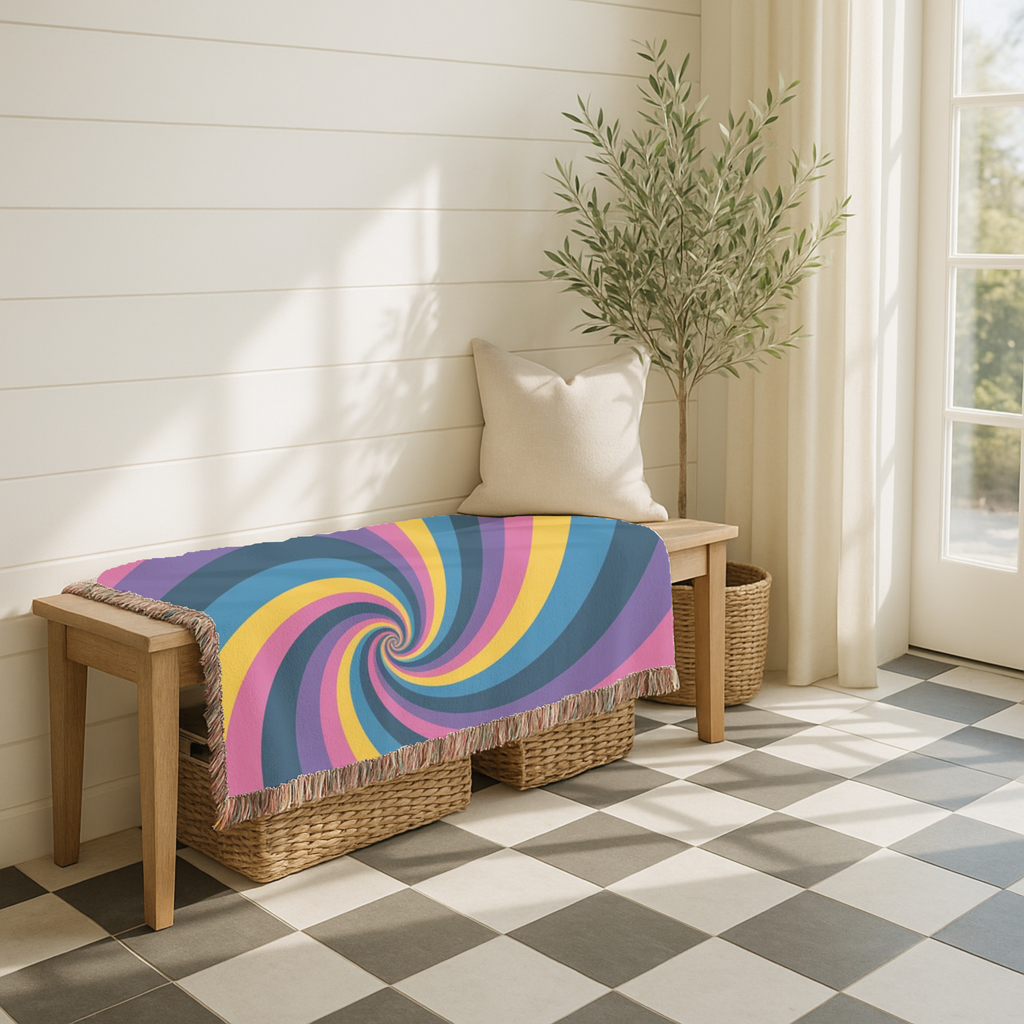 Hypnotic Throw — 1990s Psychedelic Swirl Woven Blanket