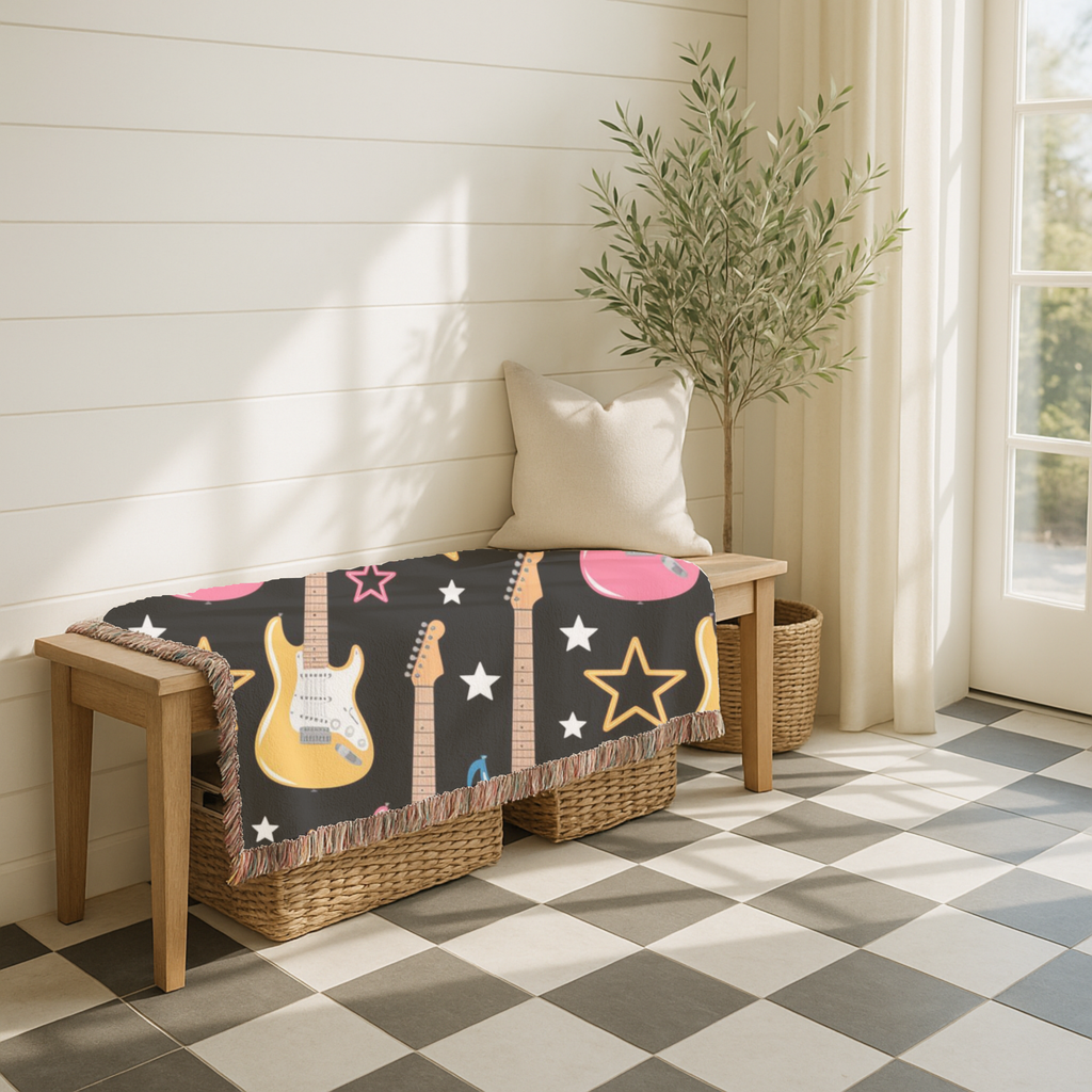 Woven Electric Guitar Throw Blanket | Pink Yellow Blue Black Stars, 1980s Rock Décor