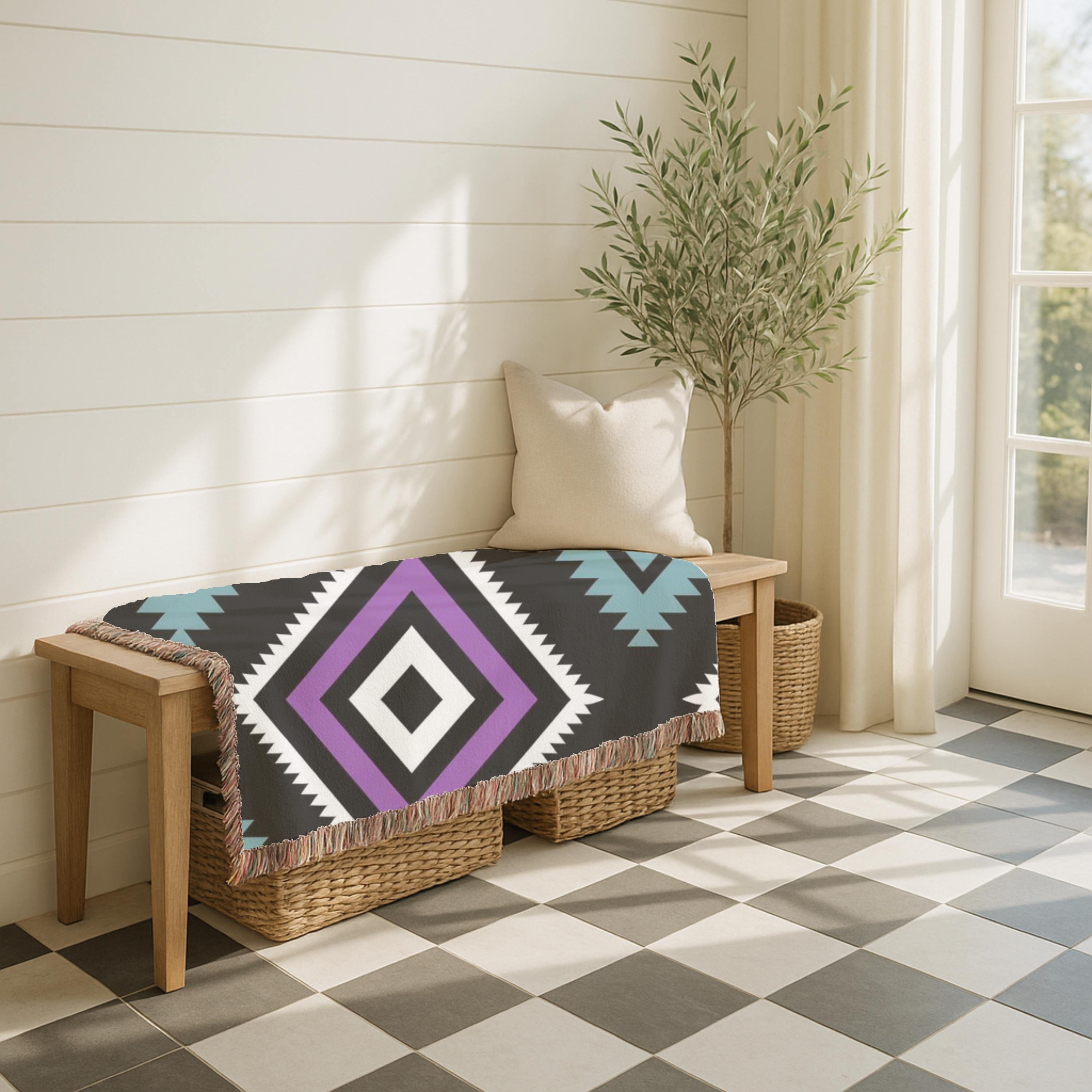 Neon Tribe Throw — 1990s Teal & Purple Geometric Woven Blanket