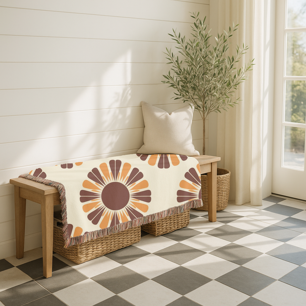 Harvest Sunflower Throw — 1970s Folk Sunflower Woven Blanket