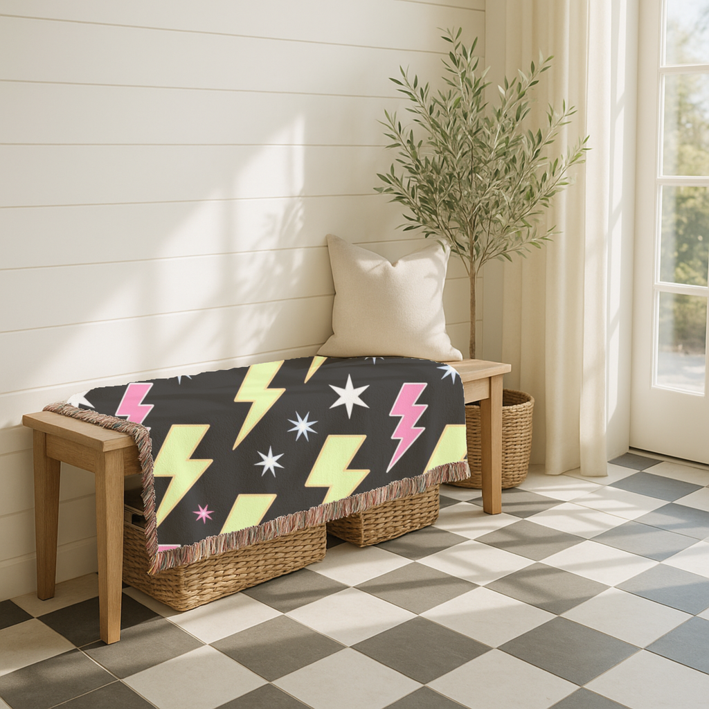 Lightning Strike Throw — 1980s Neon Bolt Woven Blanket