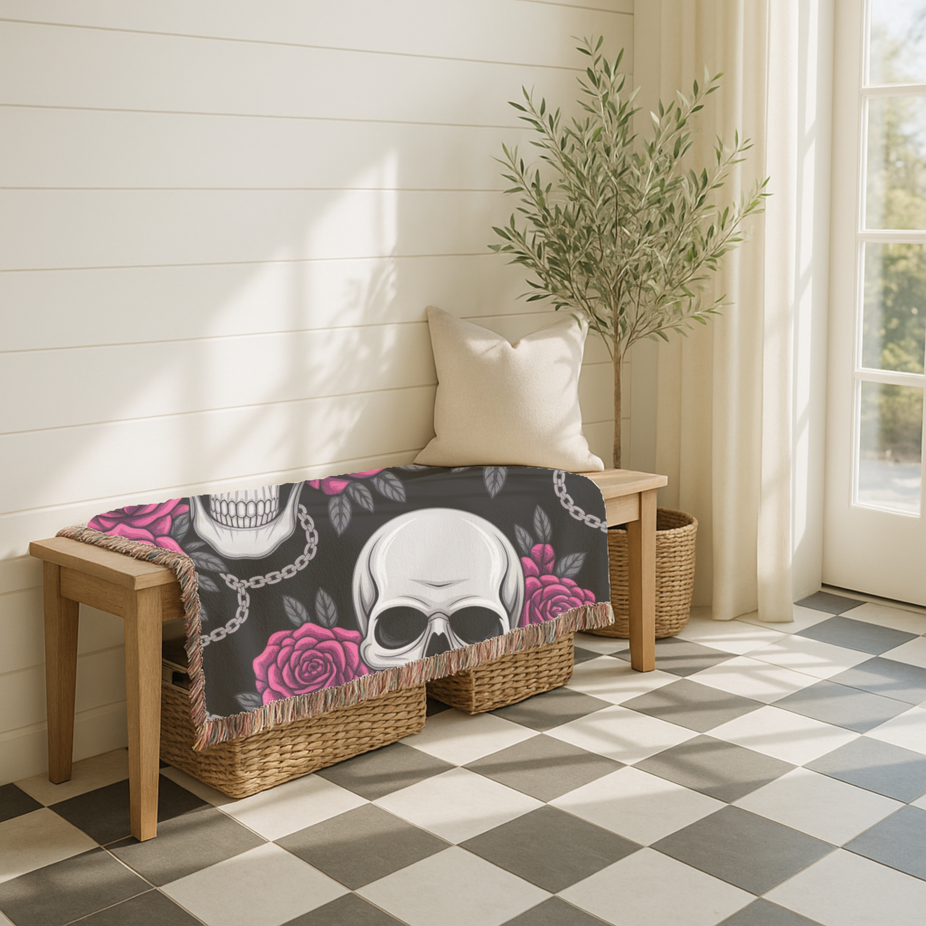 Skull & Roses Throw — 1990s Gothic Skull & Rose Woven Blanket