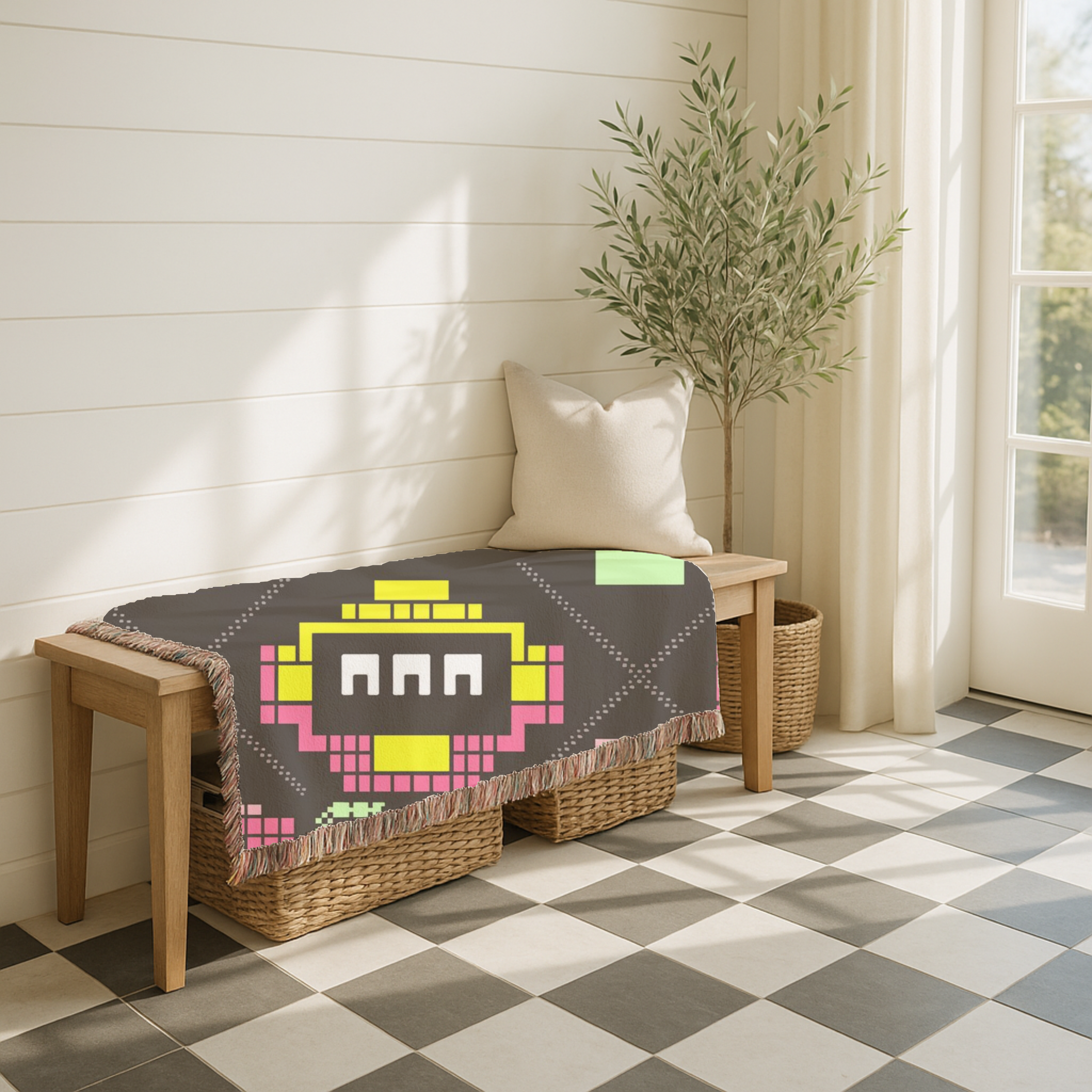 Pixel Robot Throw — 1980s Arcade Game Woven Blanket
