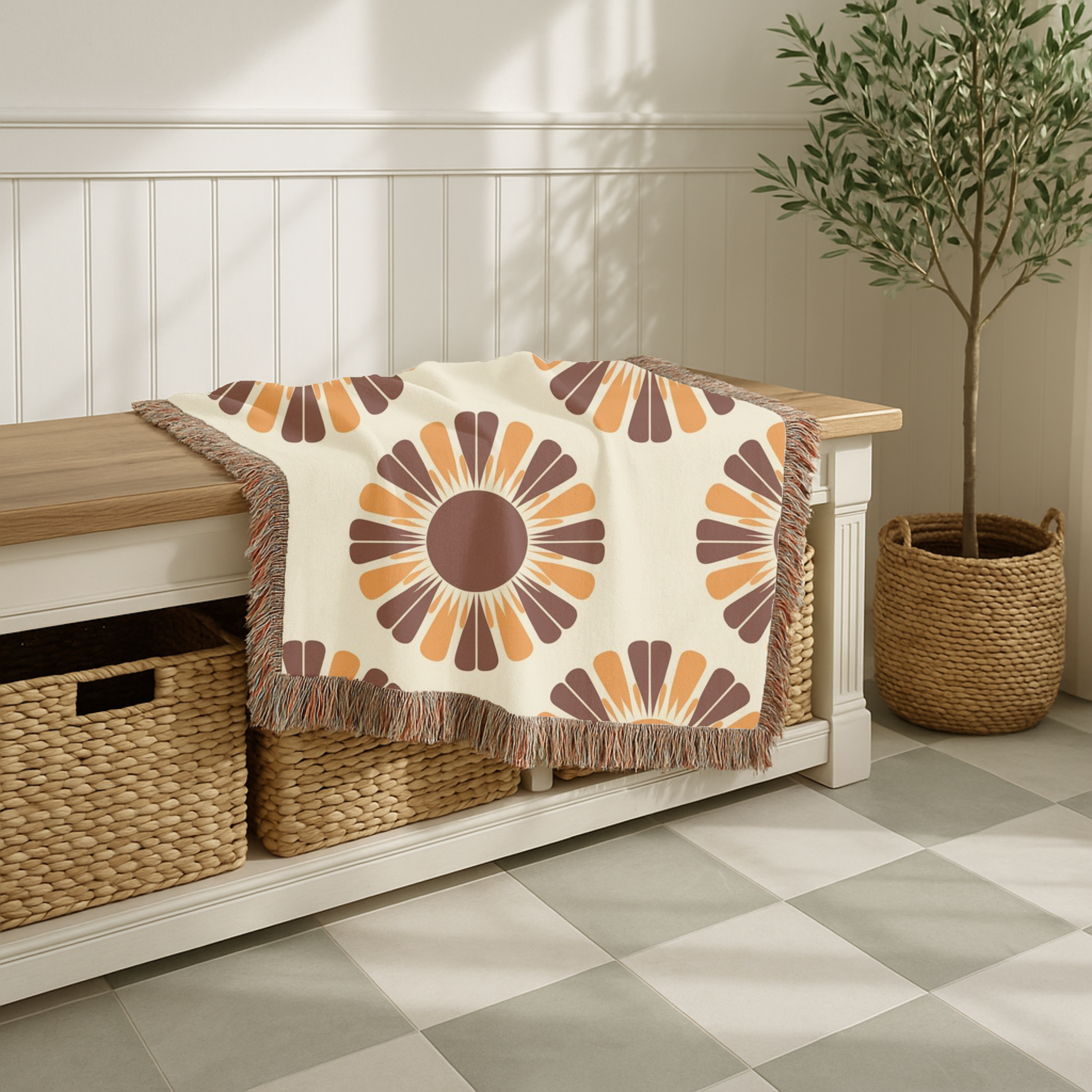 Harvest Sunflower Throw — 1970s Folk Sunflower Woven Blanket