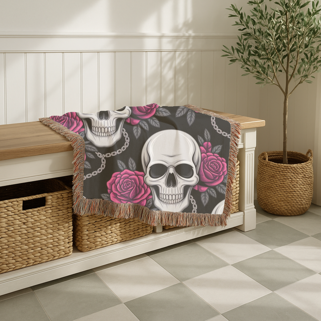 Skull & Roses Throw — 1990s Gothic Skull & Rose Woven Blanket
