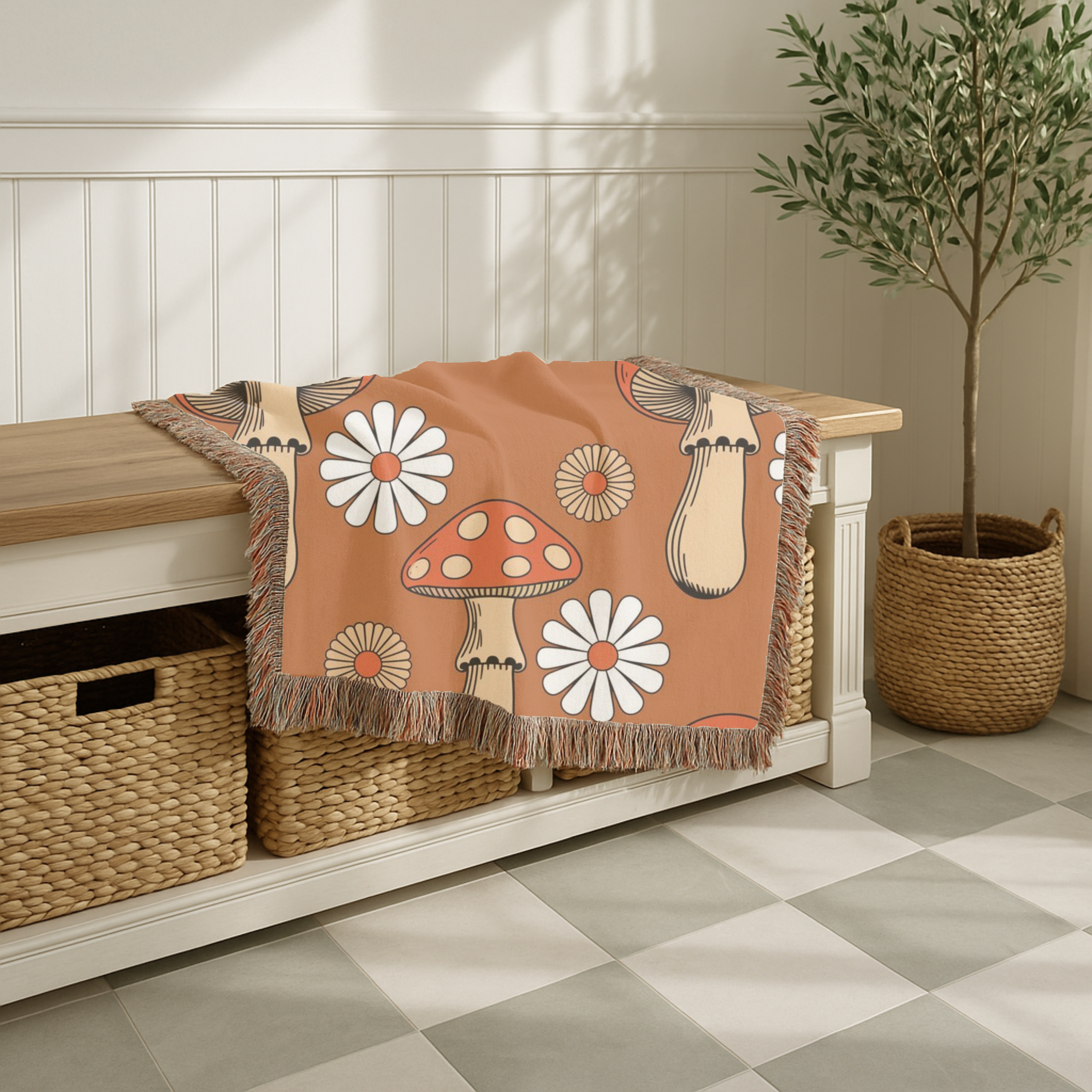 Groovy Mushroom Throw — 1970s Toadstool Daisy Woven Blanket