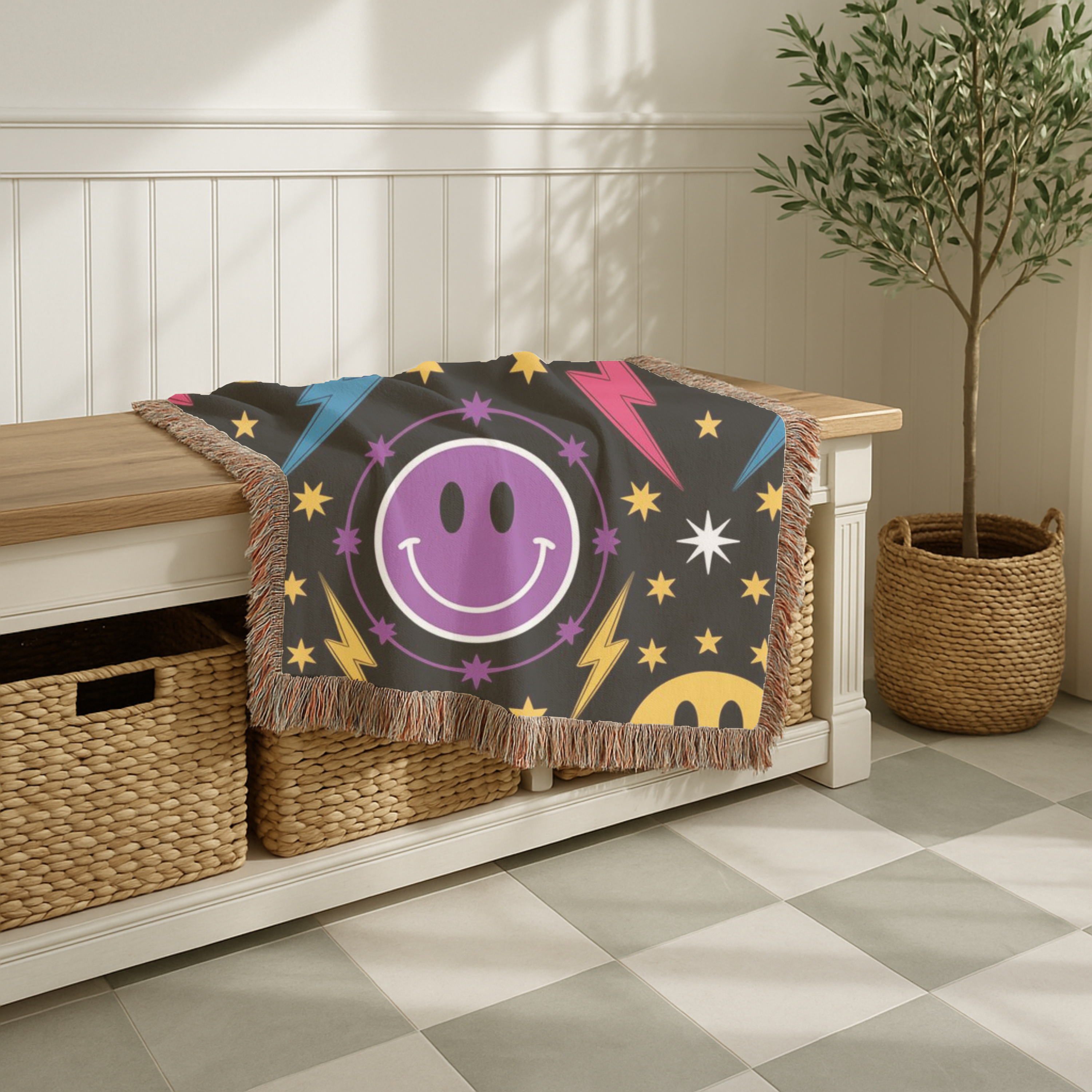 Bolts & Smiles Throw — 1990s Smiley & Lightning Woven Blanket