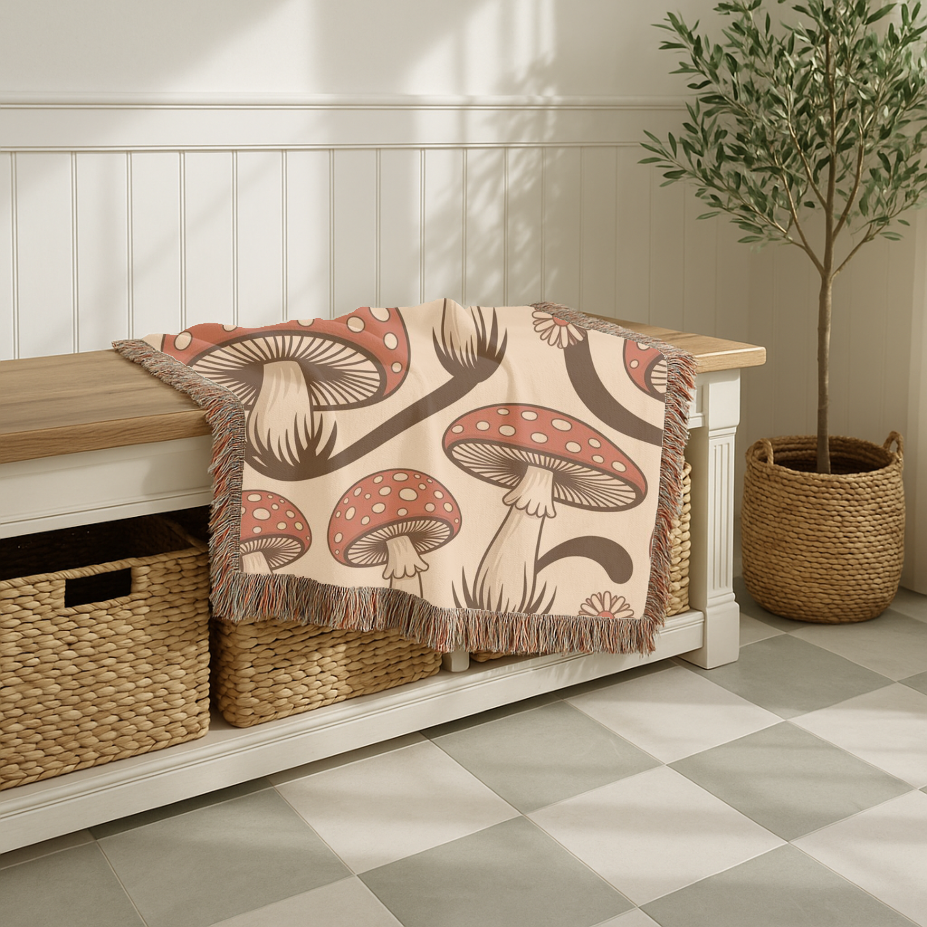 Forest Floor Throw — 1970s Woodland Mushroom Woven Blanket