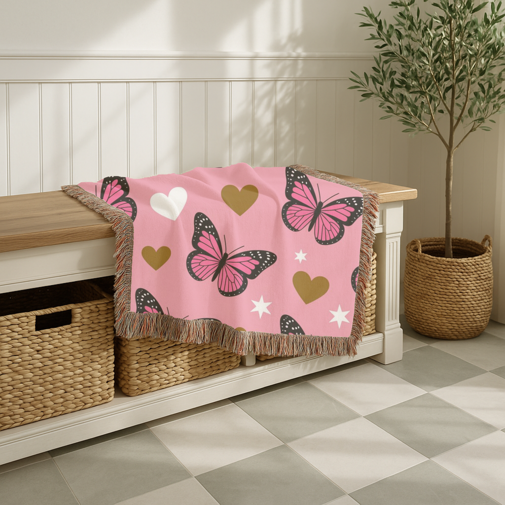 Butterfly Kiss Throw — 2000s Pink Butterfly & Heart Woven Blanket