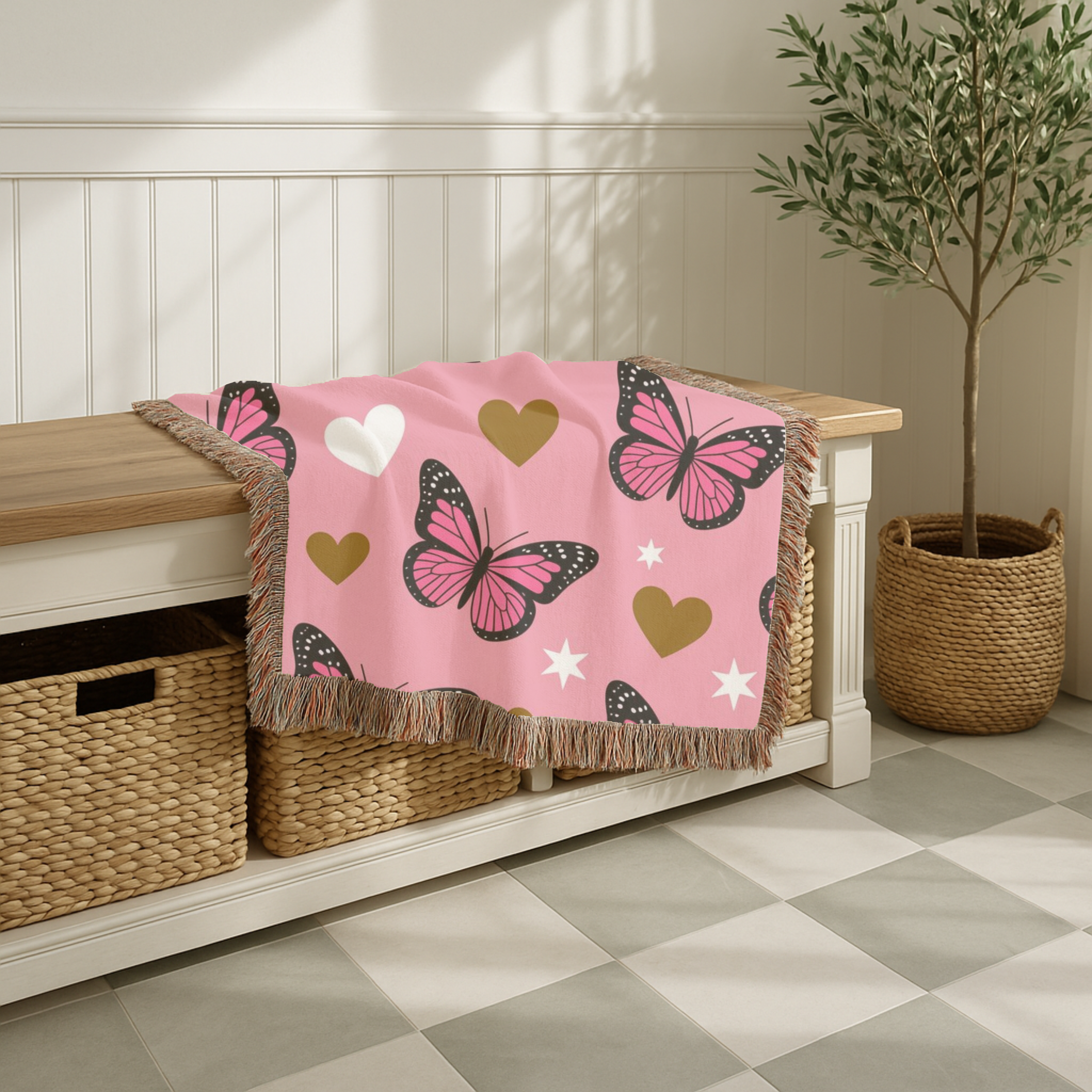 Butterfly Kiss Throw — 2000s Pink Butterfly & Heart Woven Blanket