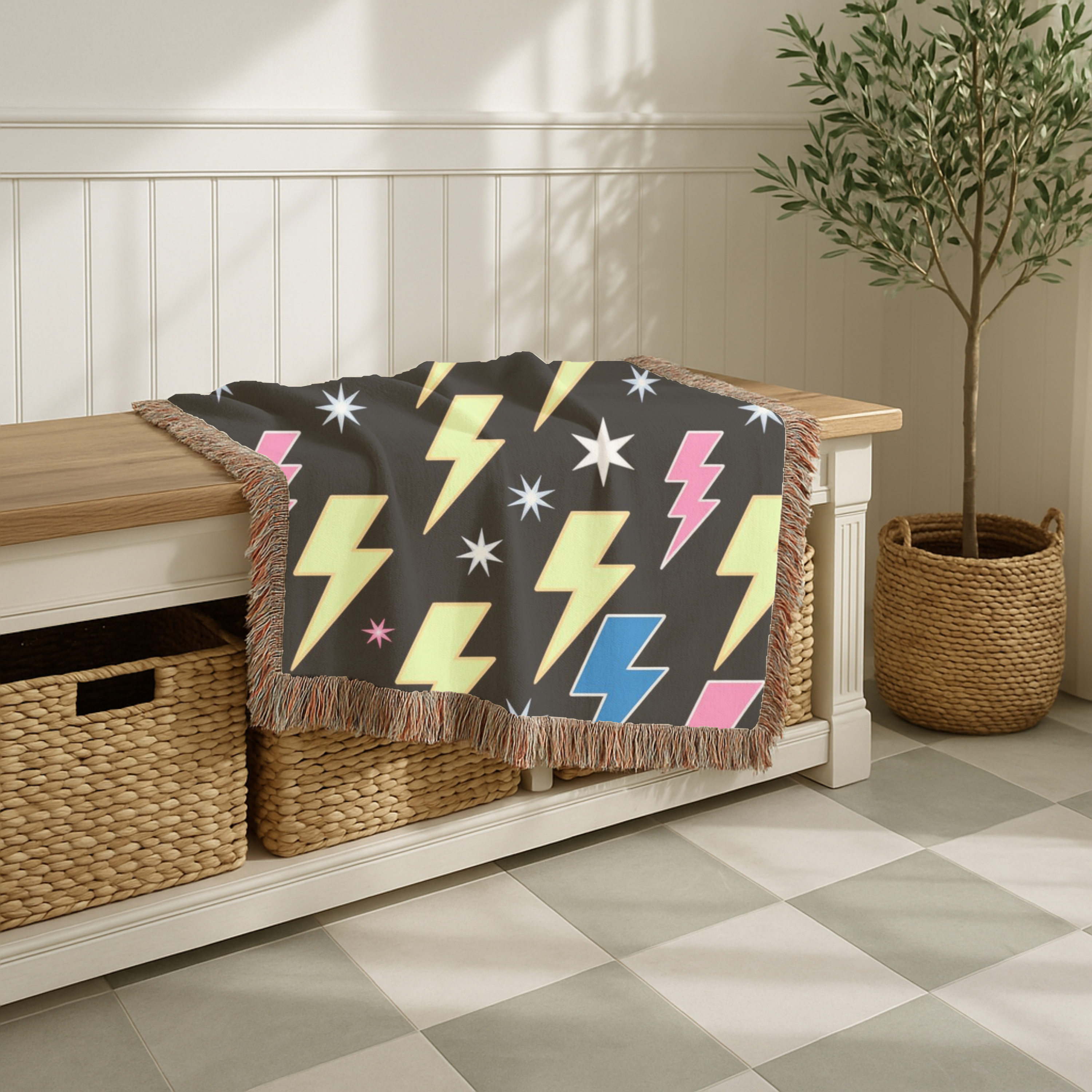 Lightning Strike Throw — 1980s Neon Bolt Woven Blanket