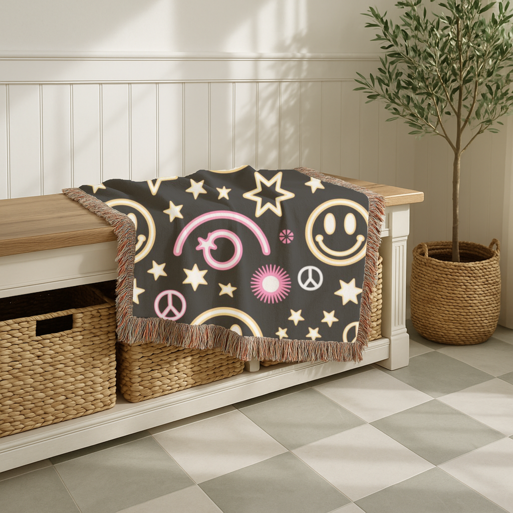 Happy Daze Throw — 1990s Smiley Face & Peace Woven Blanket