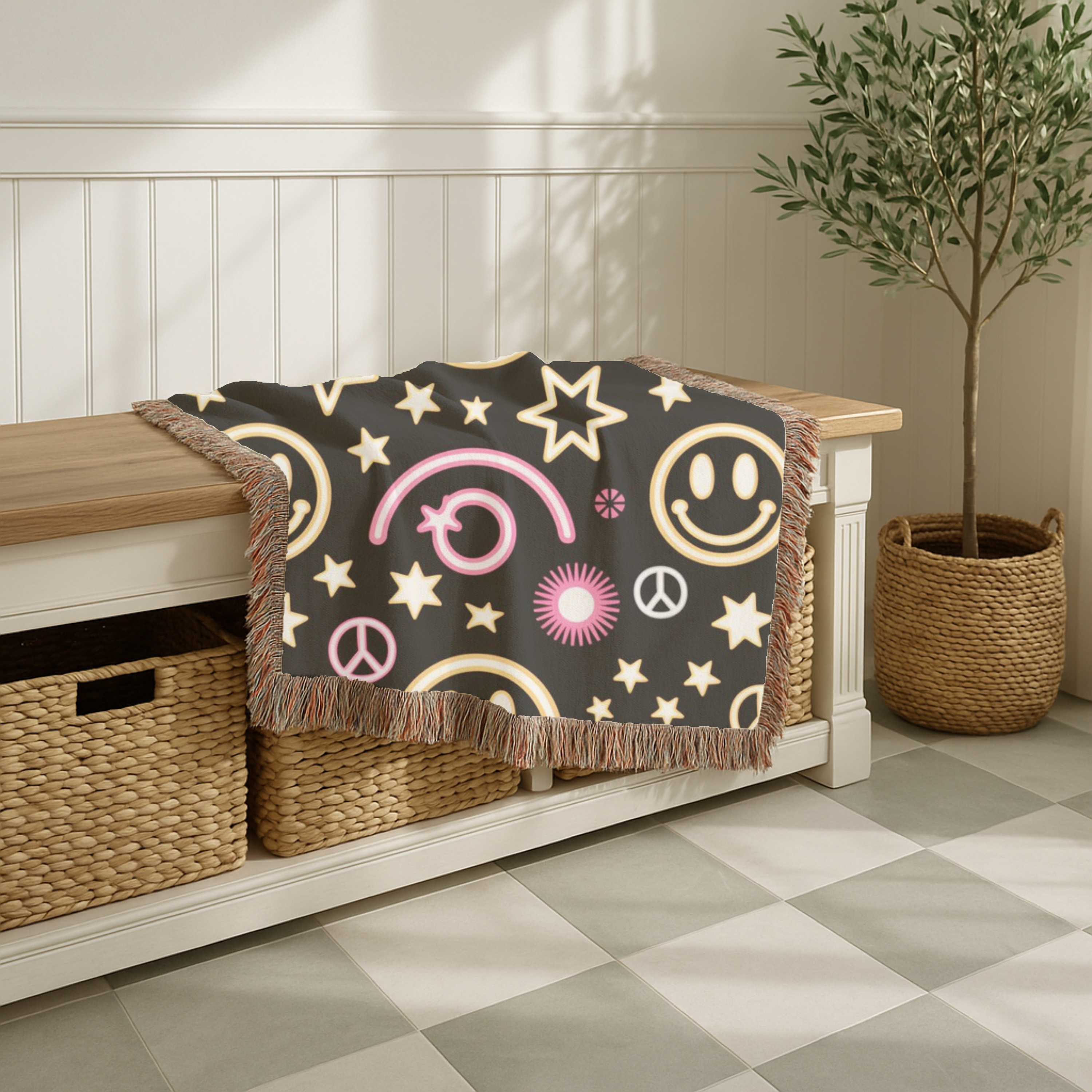 Happy Daze Throw — 1990s Smiley Face & Peace Woven Blanket