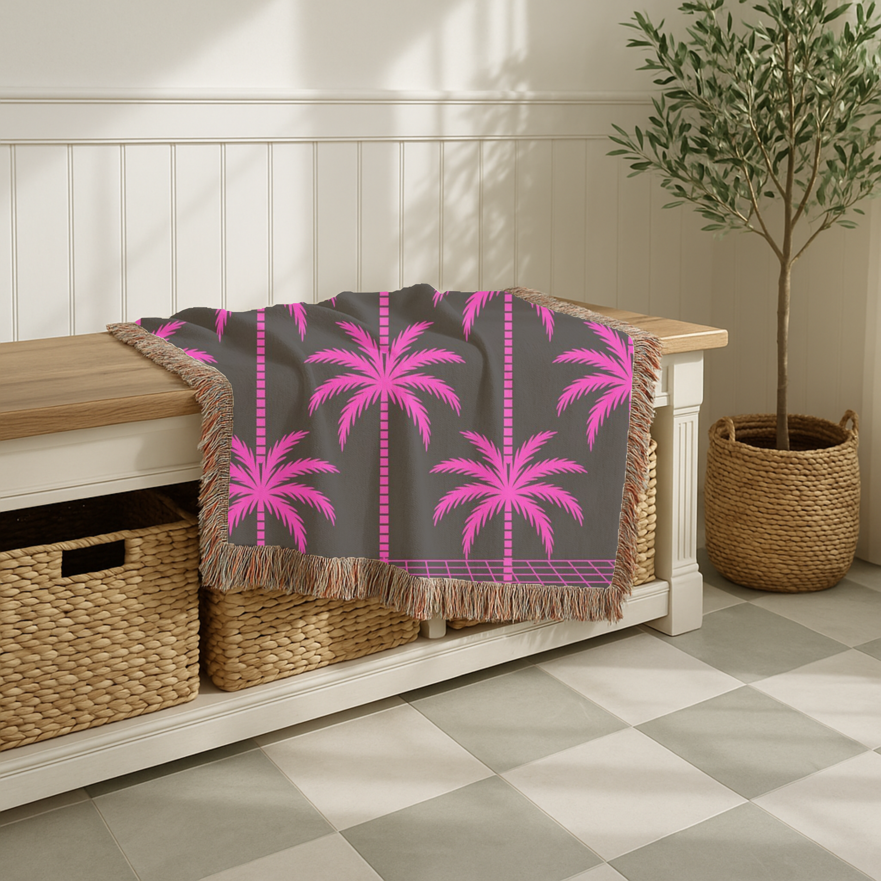 Neon Palm Throw — 1980s Tropical Night Woven Blanket