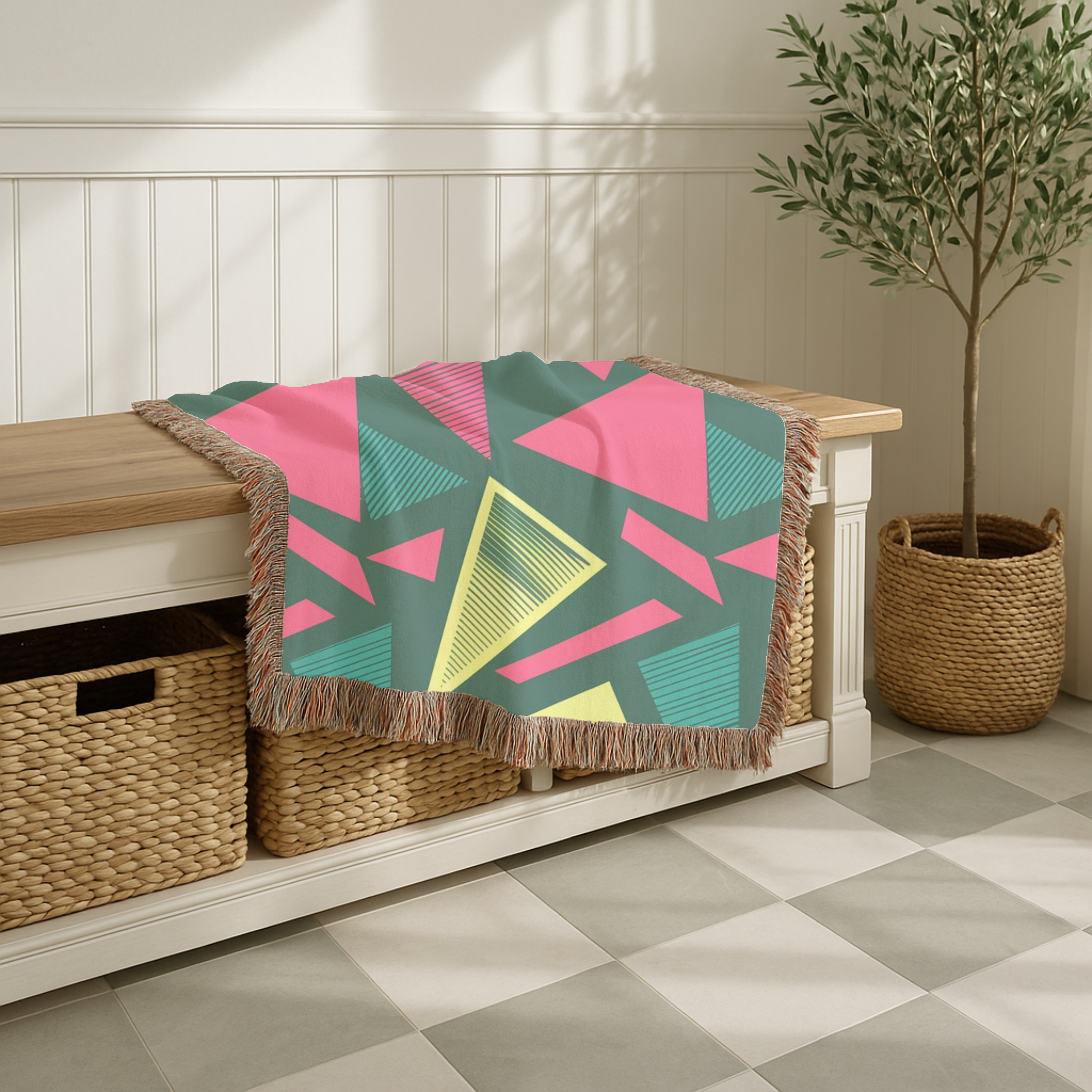 Neon Triangle Throw — 1980s Memphis Geometric Woven Blanket