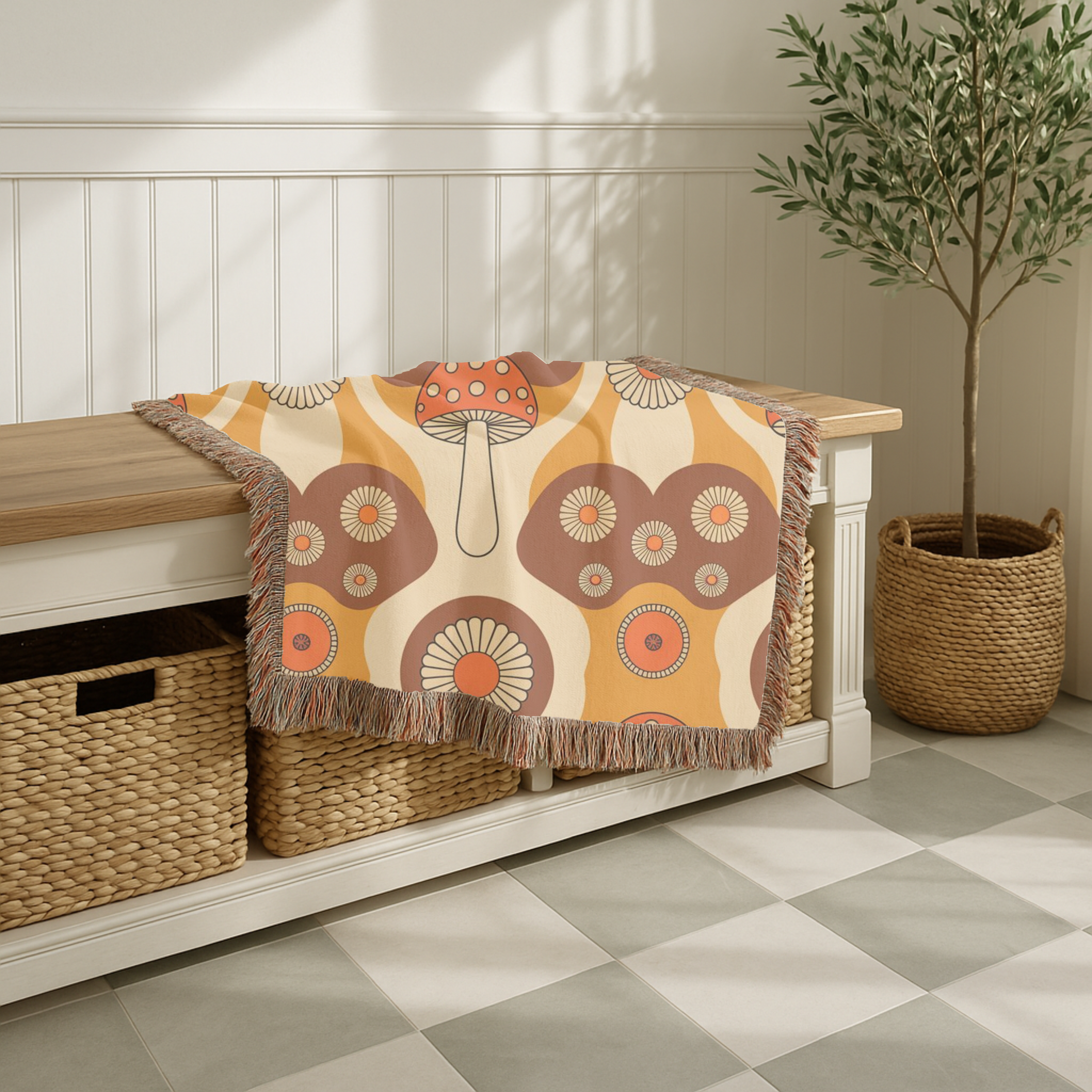 Mushroom Garden Throw — 1970s Retro Fungi Woven Blanket