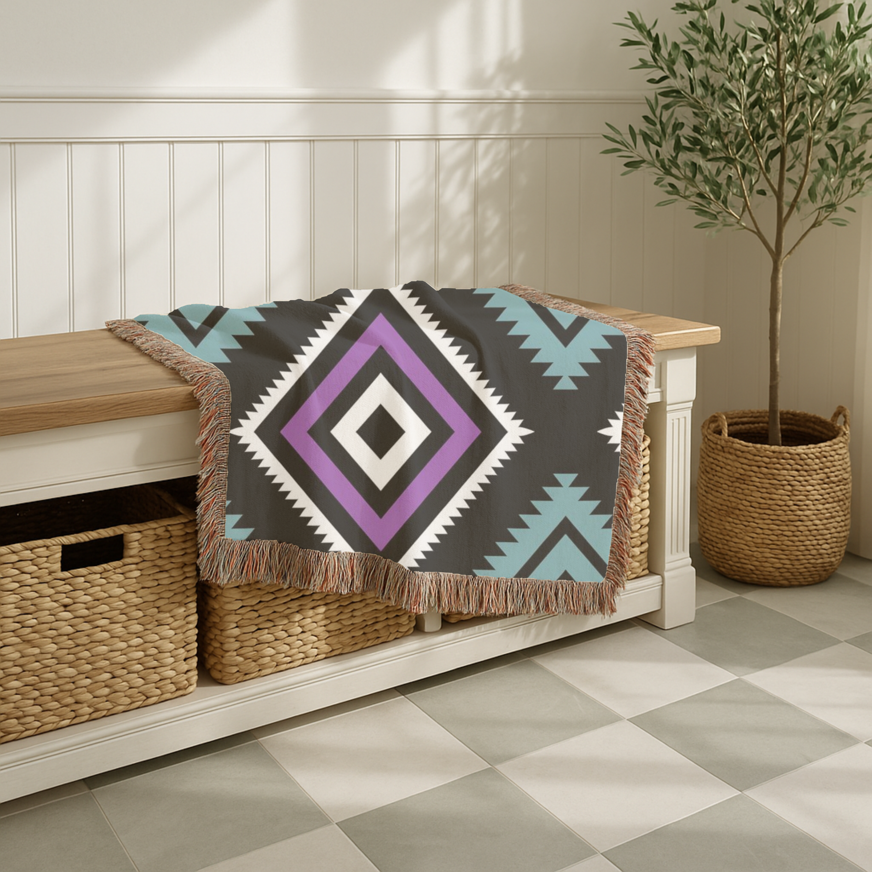 Neon Tribe Throw — 1990s Teal & Purple Geometric Woven Blanket
