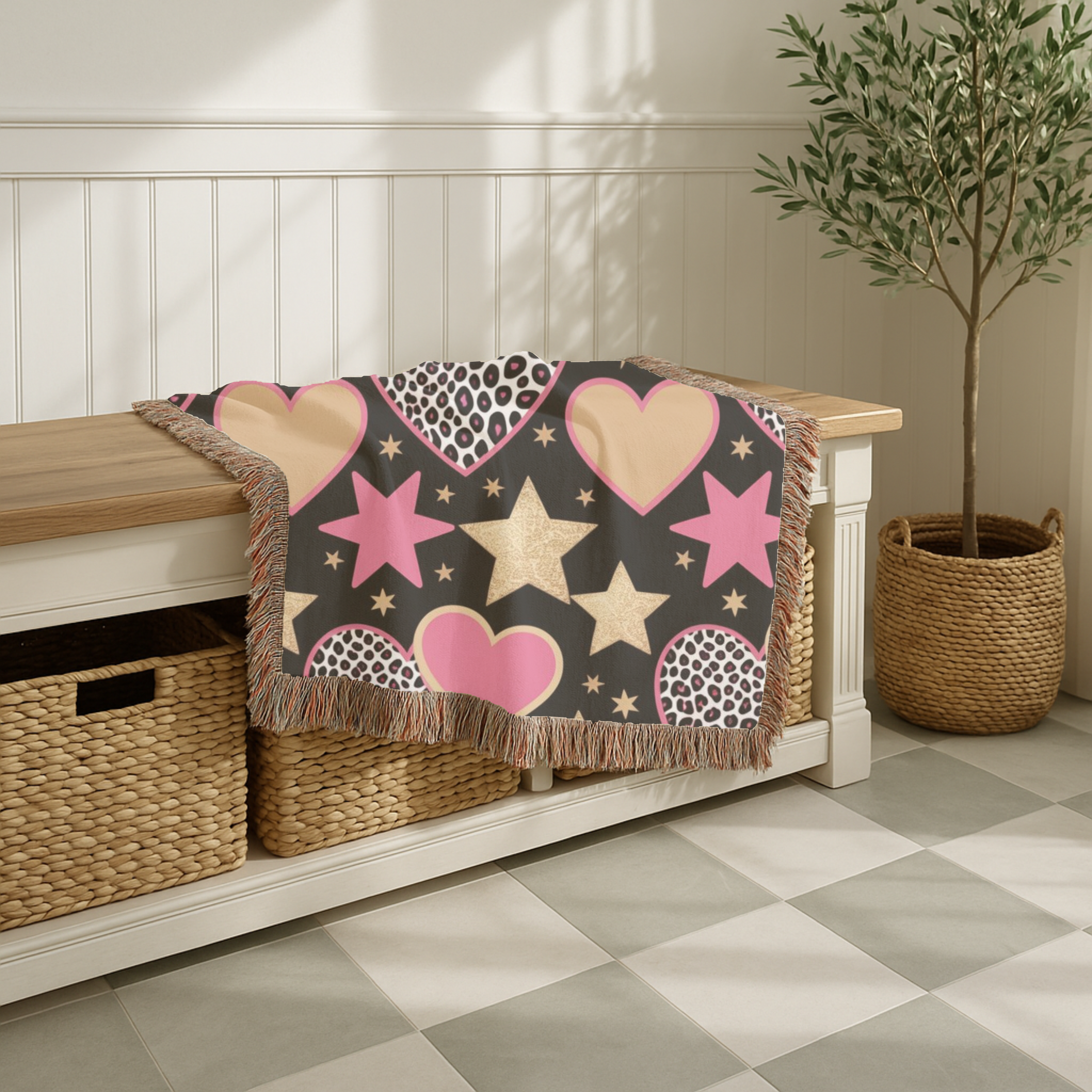 Girl Power Throw — 1990s Leopard Heart & Star Woven Blanket