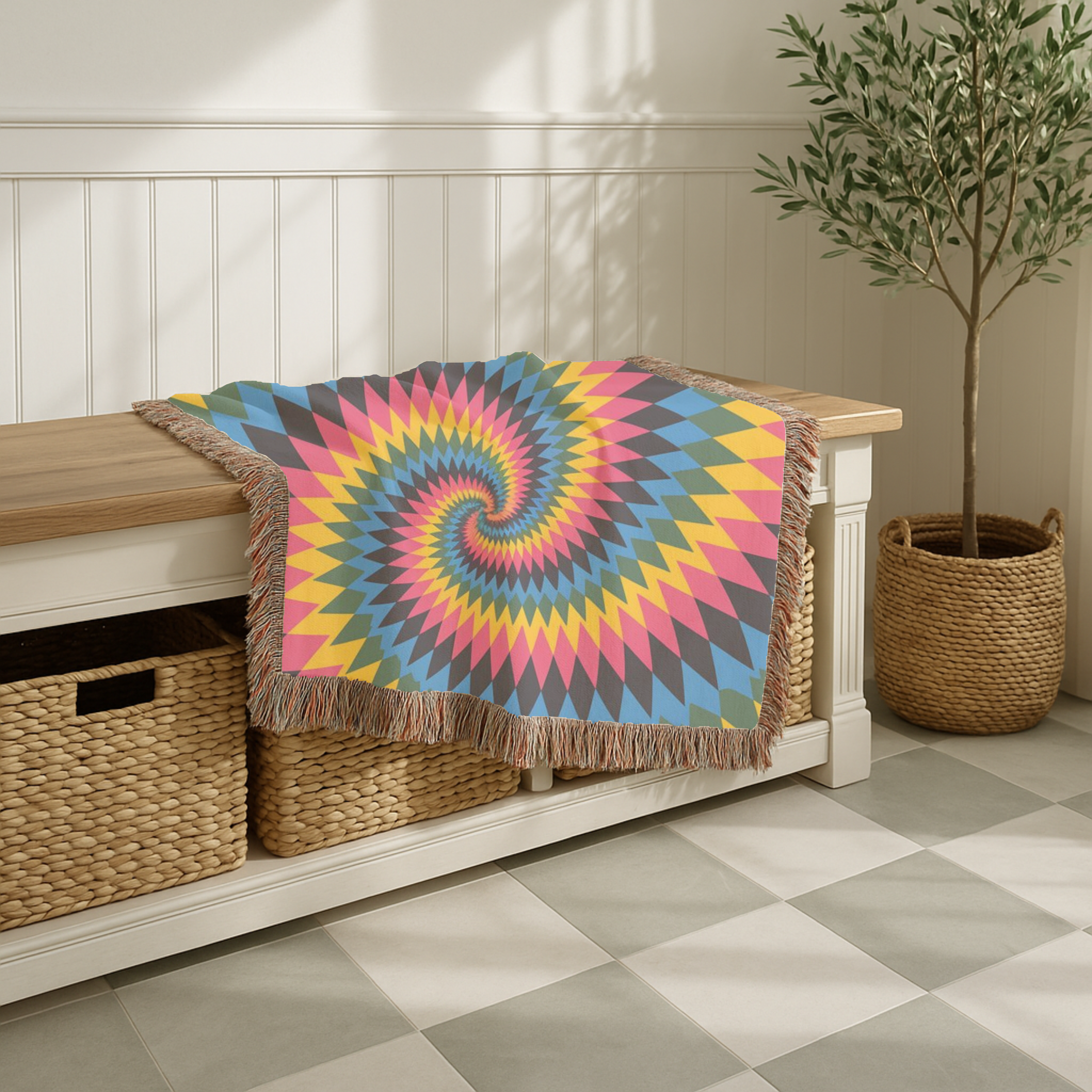 Spectrum Throw — 1990s Rainbow Spiral Woven Blanket