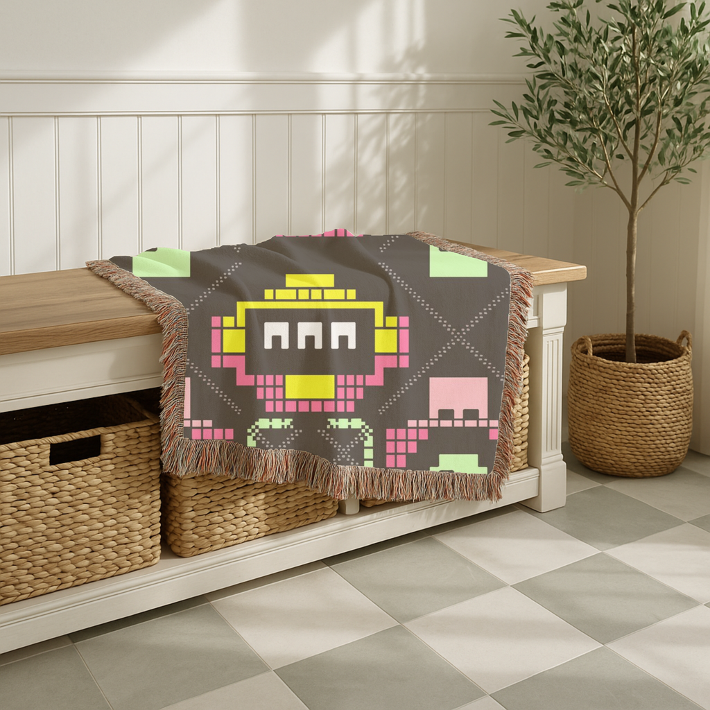 Pixel Robot Throw — 1980s Arcade Game Woven Blanket