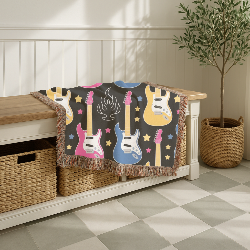 Rock Flame Throw — 1980s Guitar Fire Woven Blanket