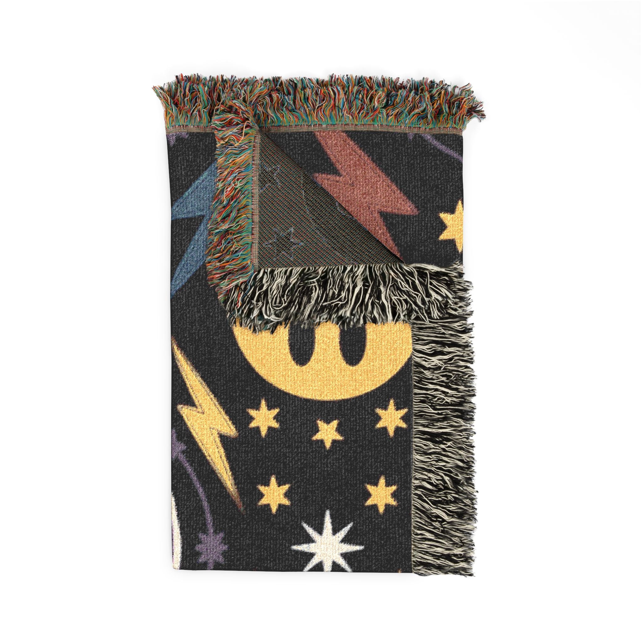 Bolts & Smiles Throw — 1990s Smiley & Lightning Woven Blanket