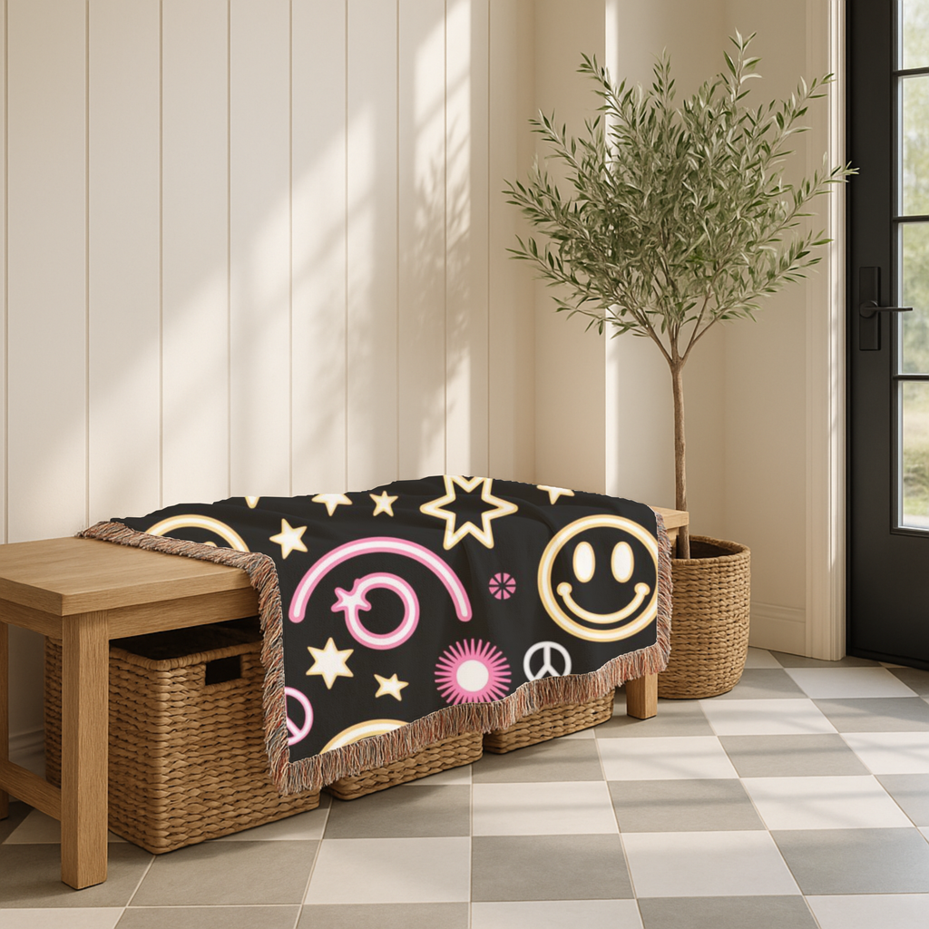 Happy Daze Throw — 1990s Smiley Face & Peace Woven Blanket