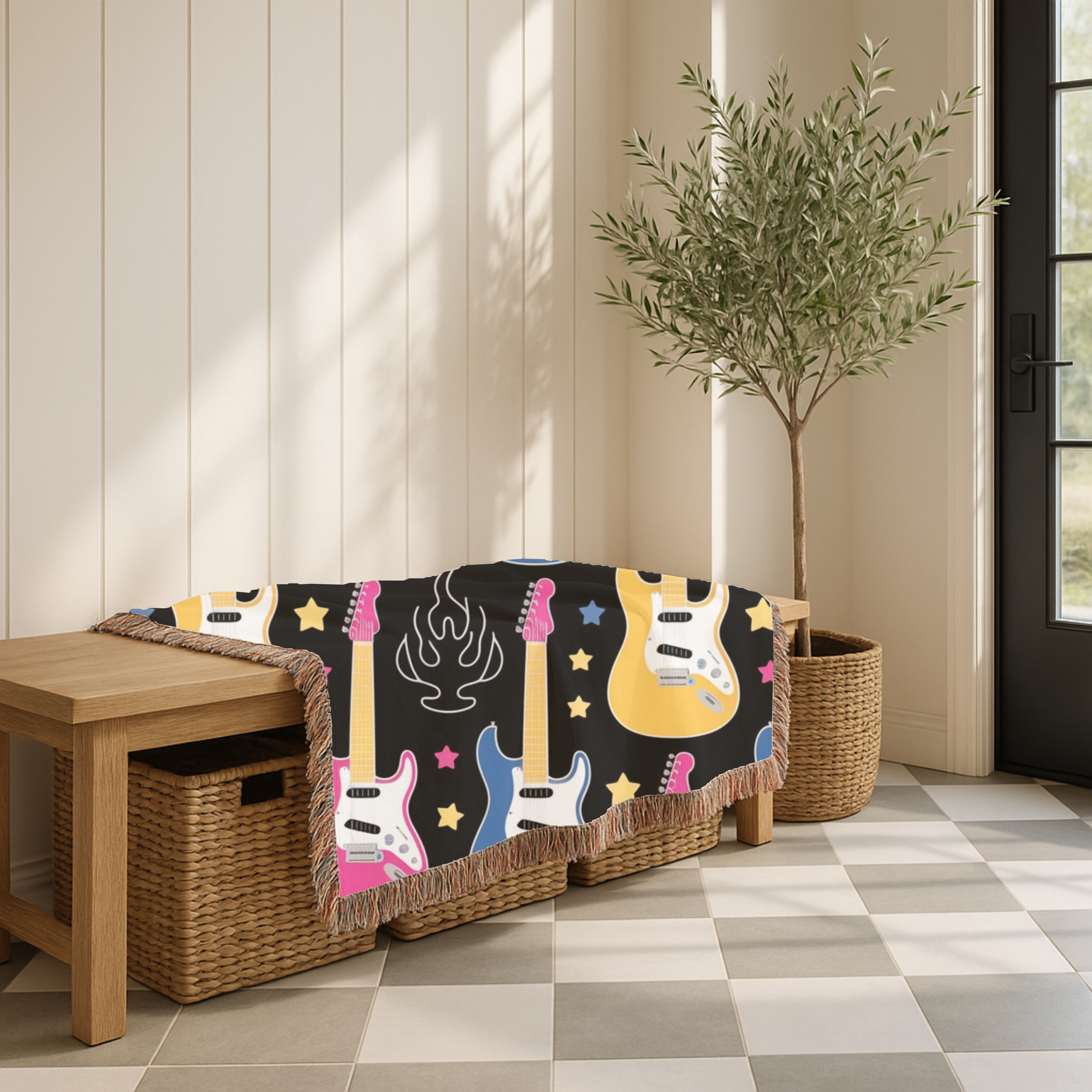 Rock Flame Throw — 1980s Guitar Fire Woven Blanket