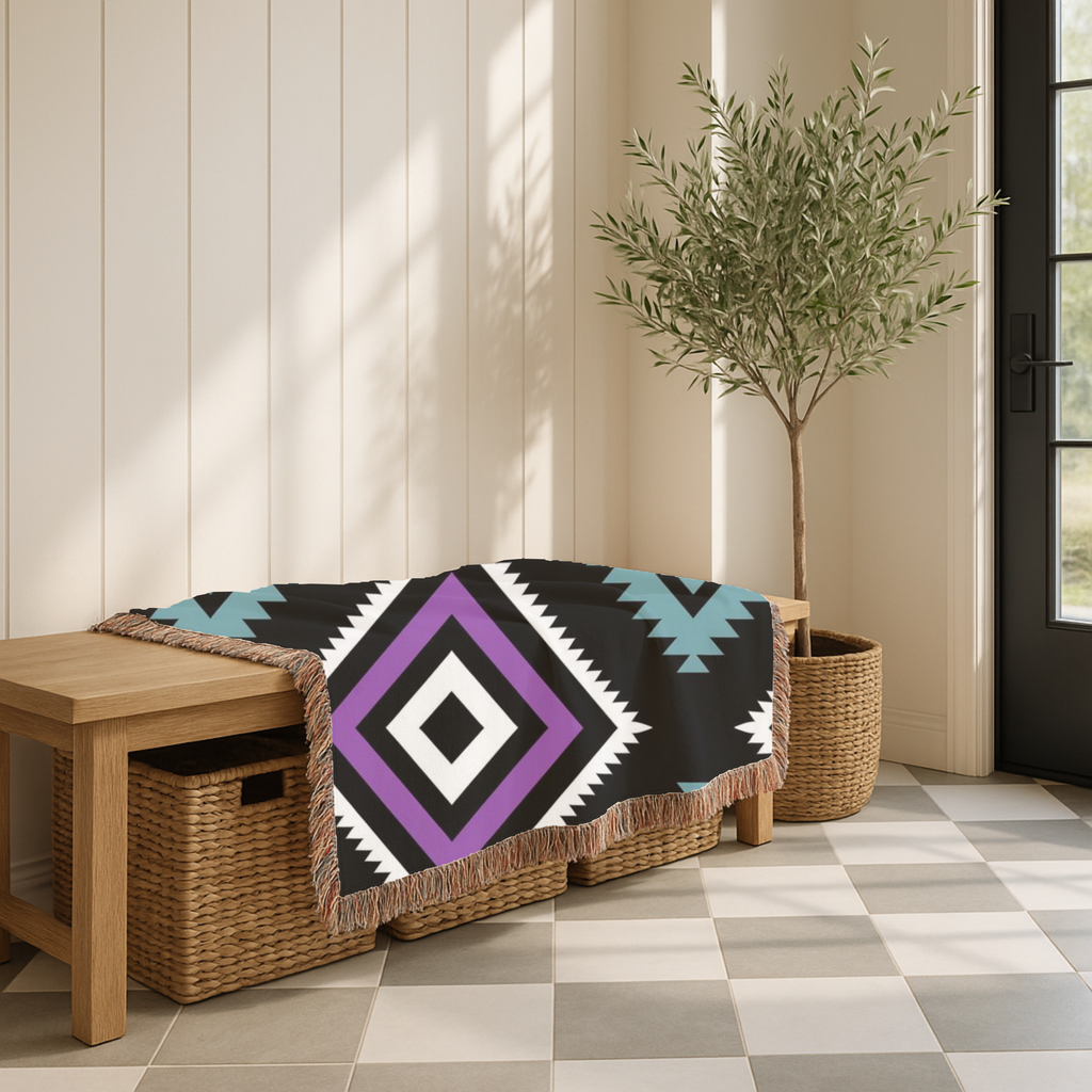 Neon Tribe Throw — 1990s Teal & Purple Geometric Woven Blanket