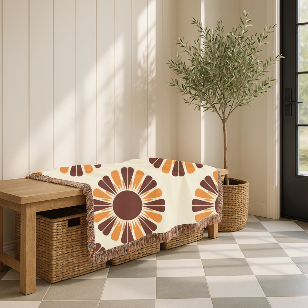 Harvest Sunflower Throw — 1970s Folk Sunflower Woven Blanket