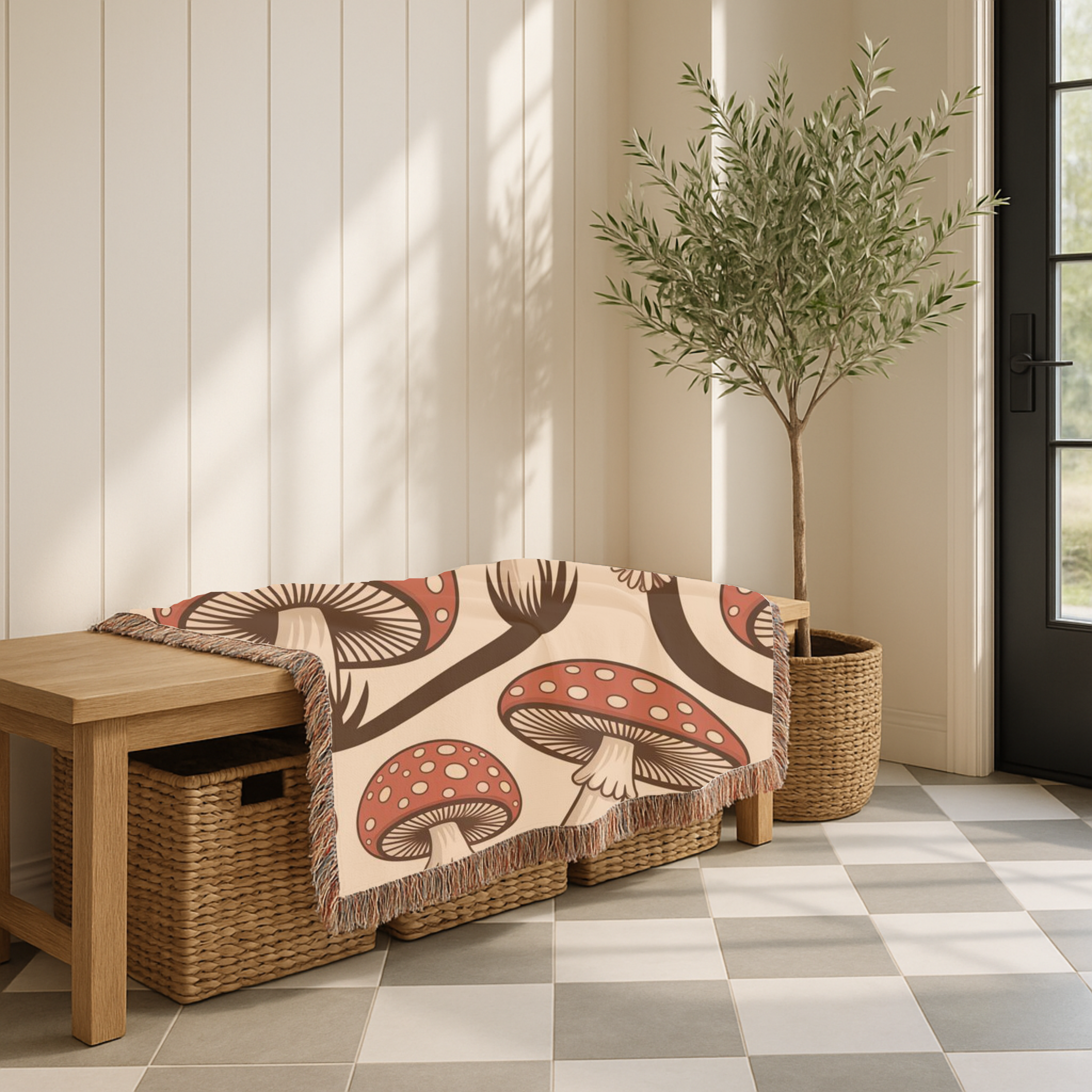 Forest Floor Throw — 1970s Woodland Mushroom Woven Blanket