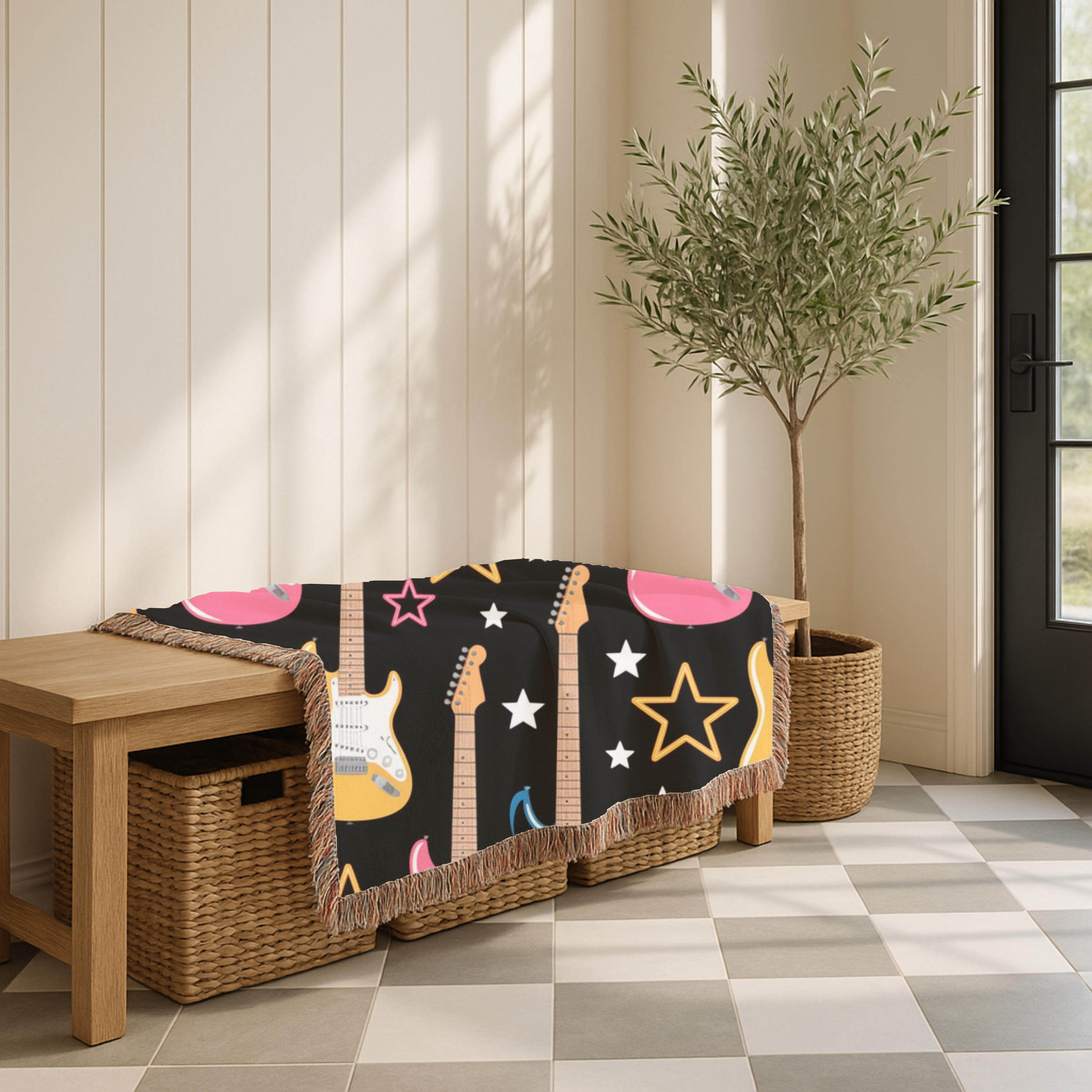 Woven Electric Guitar Throw Blanket | Pink Yellow Blue Black Stars, 1980s Rock Décor