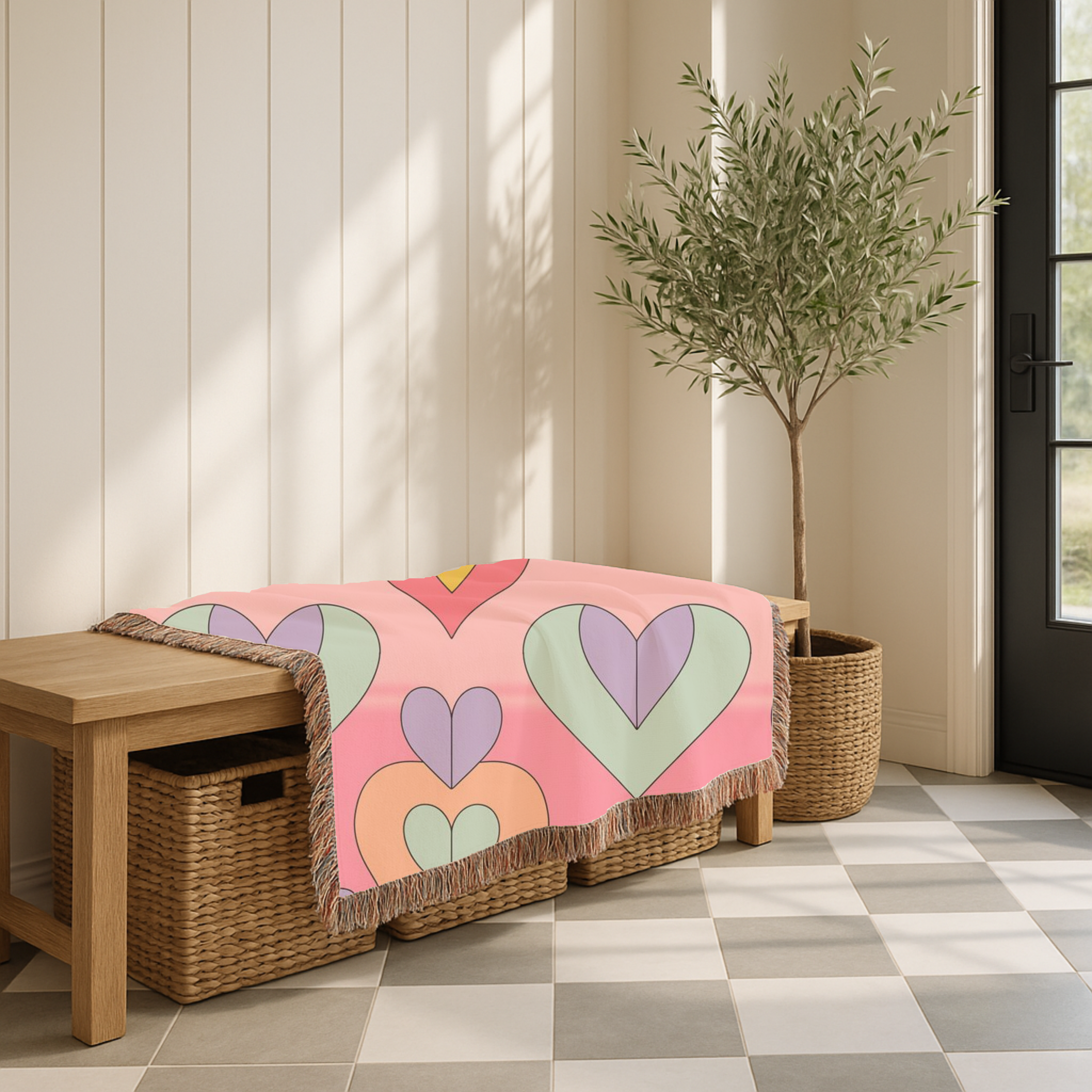 Layered Heart Throw — 1980s Rainbow Love Woven Blanket