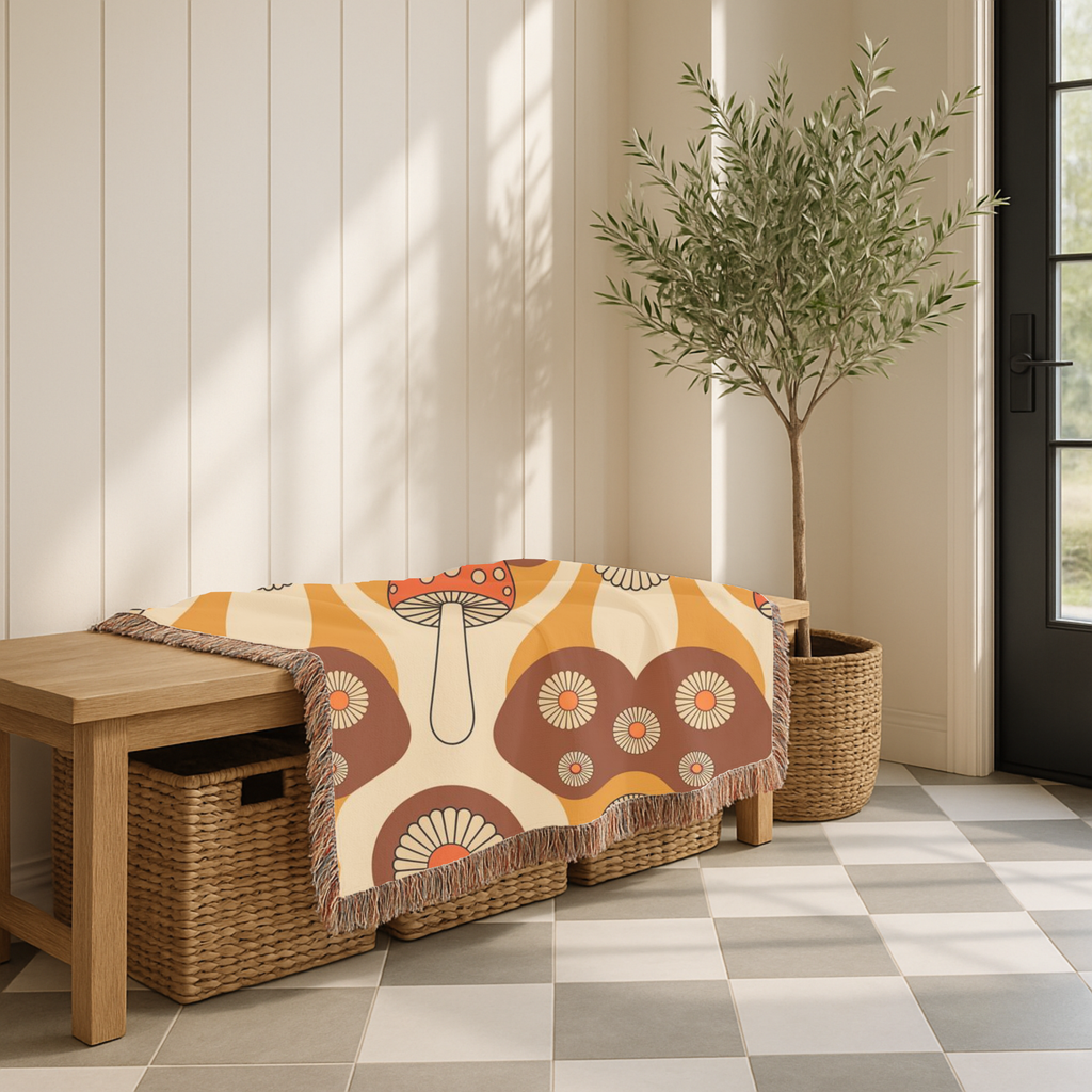 Mushroom Garden Throw — 1970s Retro Fungi Woven Blanket