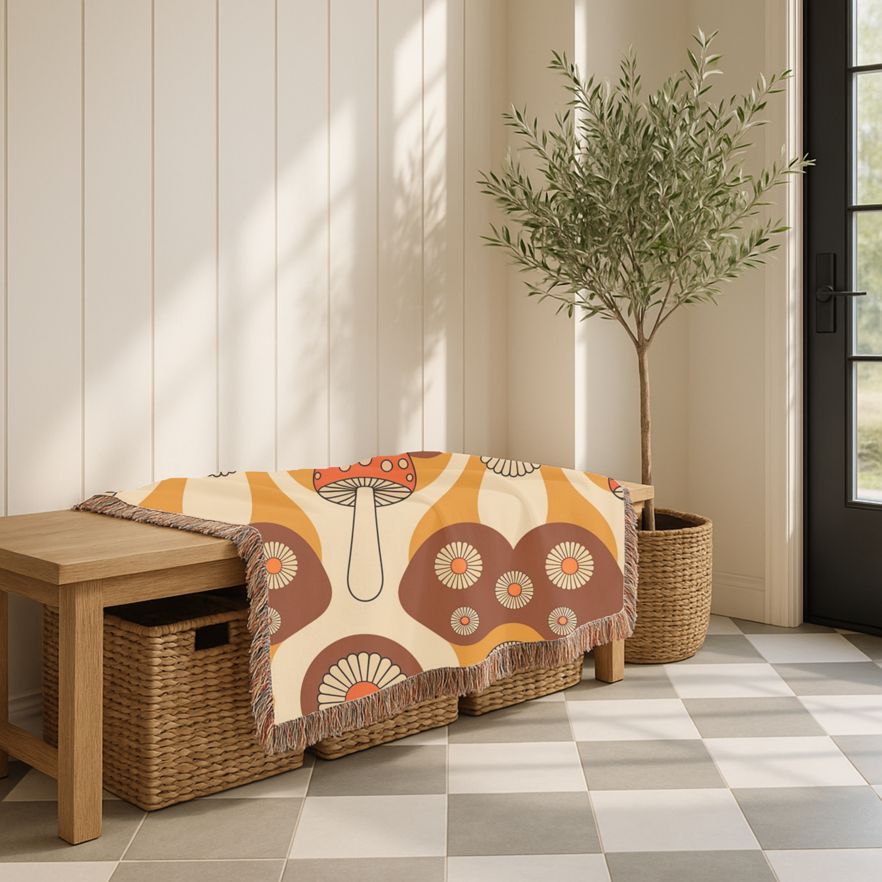 Mushroom Garden Throw — 1970s Retro Fungi Woven Blanket
