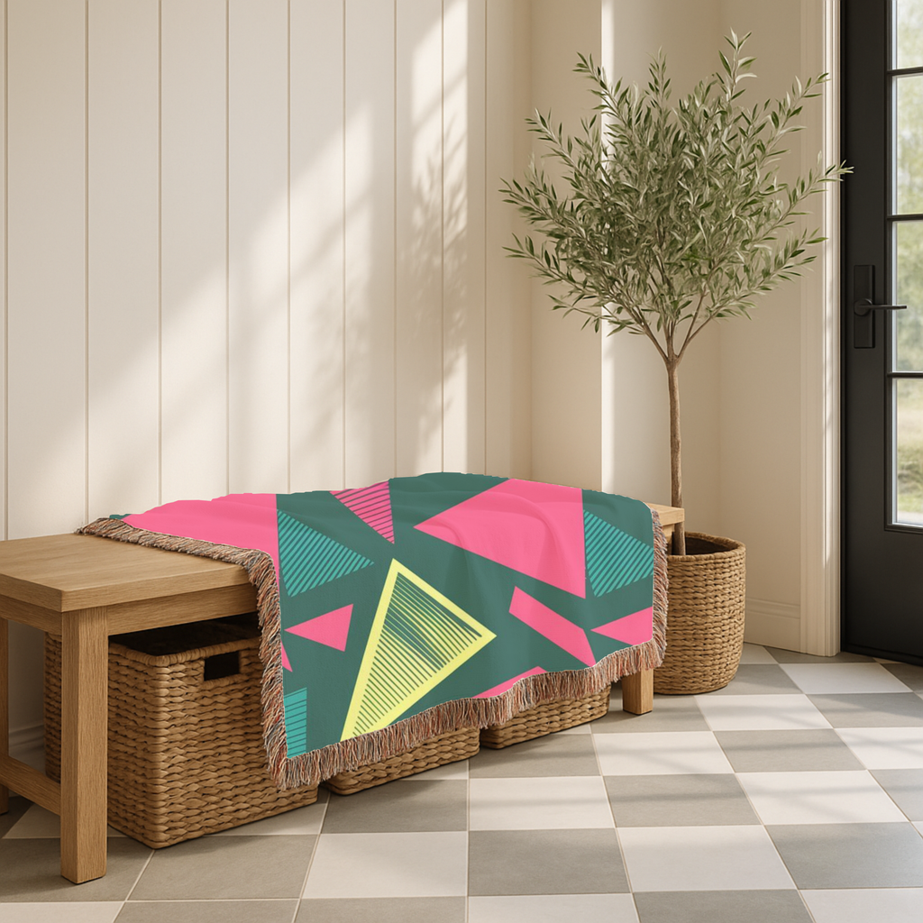 Neon Triangle Throw — 1980s Memphis Geometric Woven Blanket